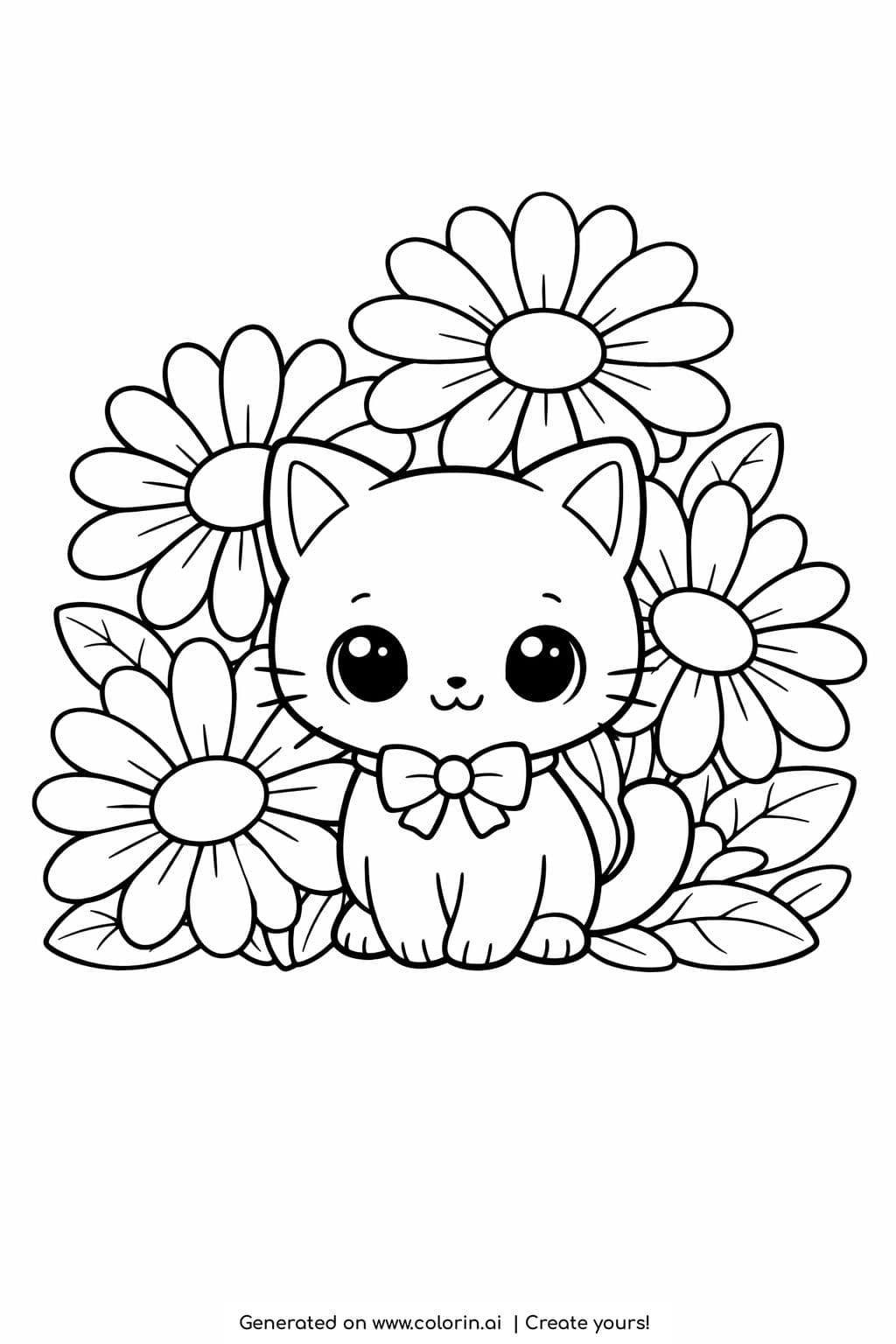 kitten sitting with daisies coloring page surrounded by large flowers and leaves coloring page