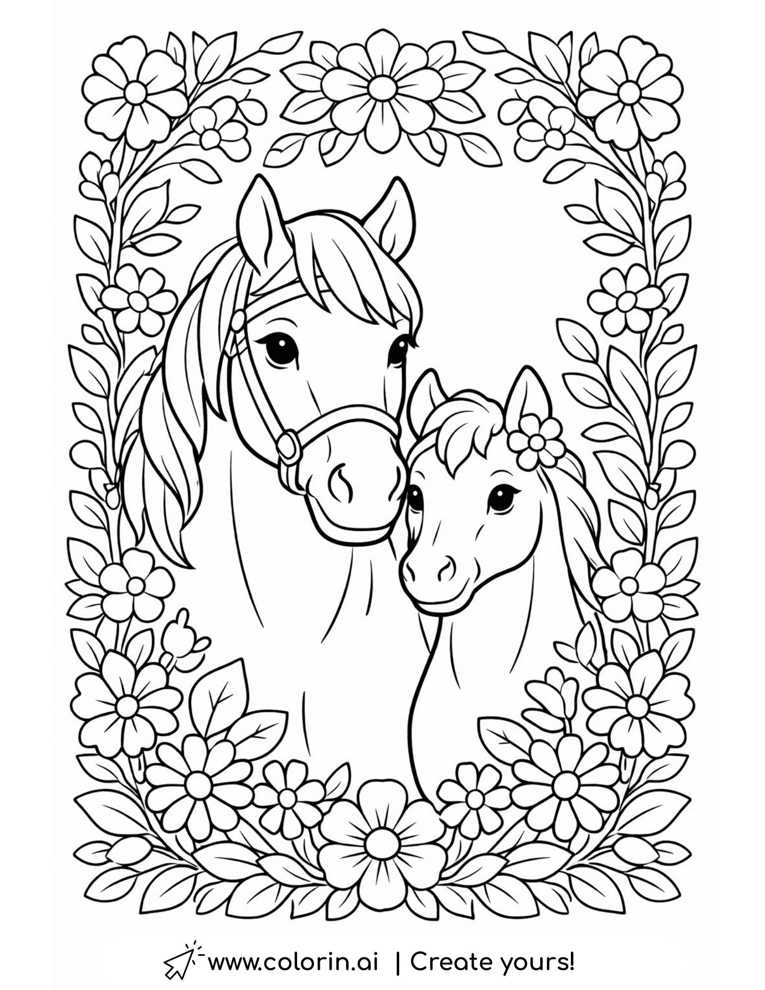mare and foal floral wreath coloring page with flowers and leaves around the portraits coloring page