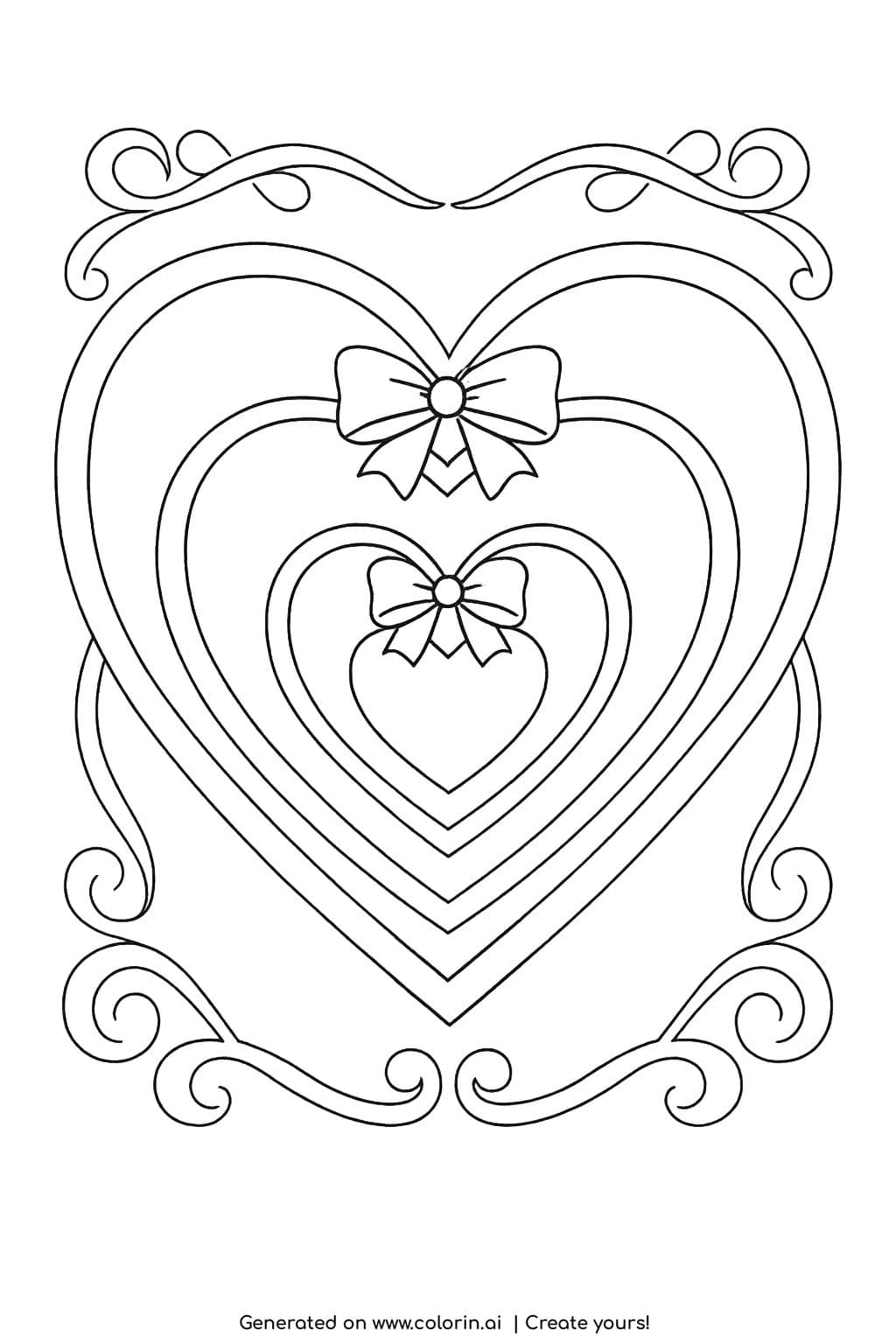 nested hearts with bows coloring page featuring three layered hearts with decorative frame coloring page