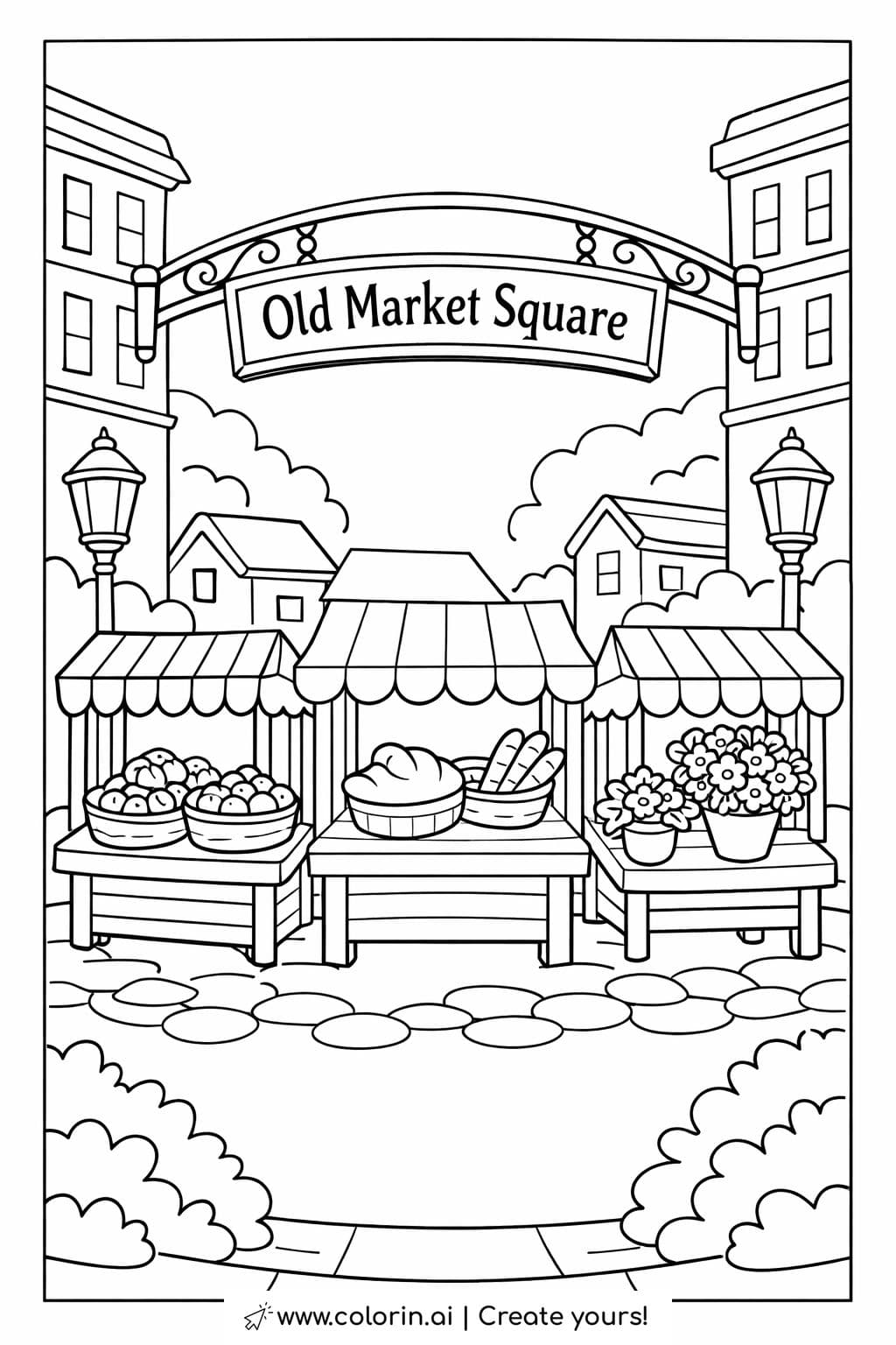 old market square with stalls coloring page featuring wooden booths, fruits and flowers