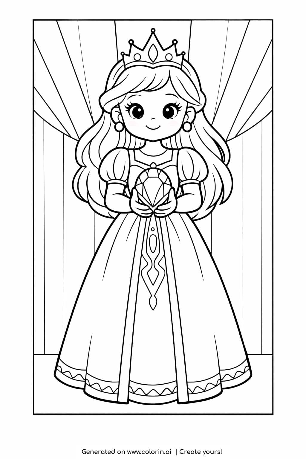 princess holding a big jewel coloring page with a cute crowned princess holding a gem in front of curtains coloring page