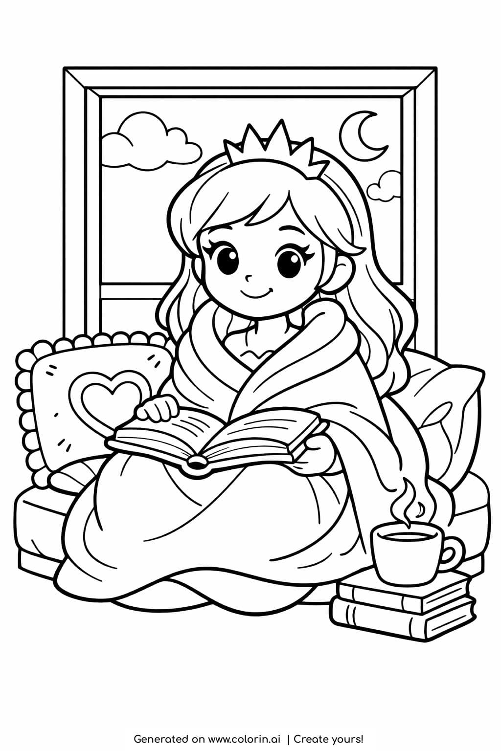princess reading by window coloring page wrapped in blanket with book and cup coloring page