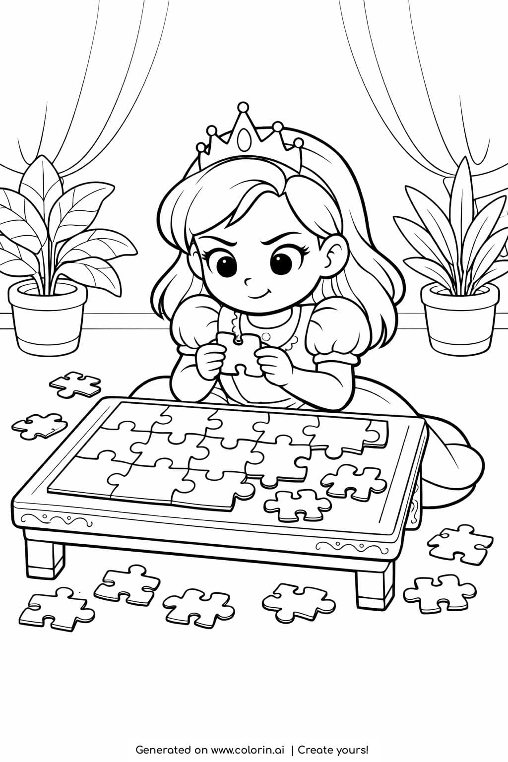 princess solving puzzle at table coloring page with scattered pieces and indoor plants coloring page