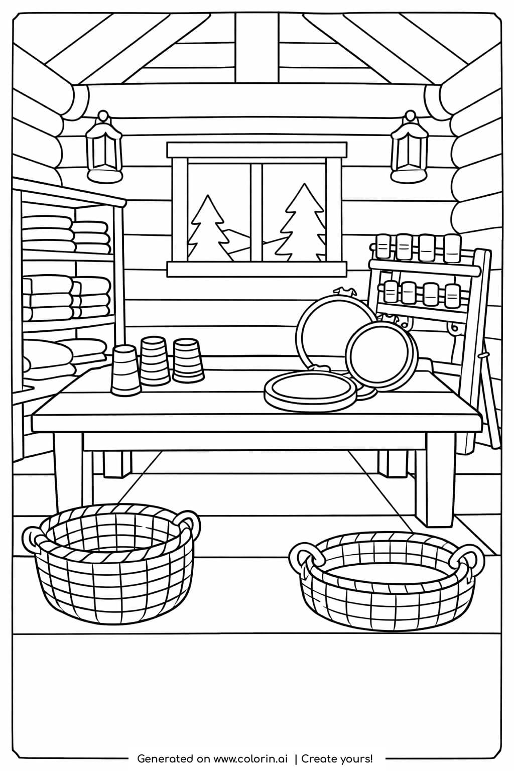 rustic cabin craft workshop coloring page cozy handmade studio interior coloring page