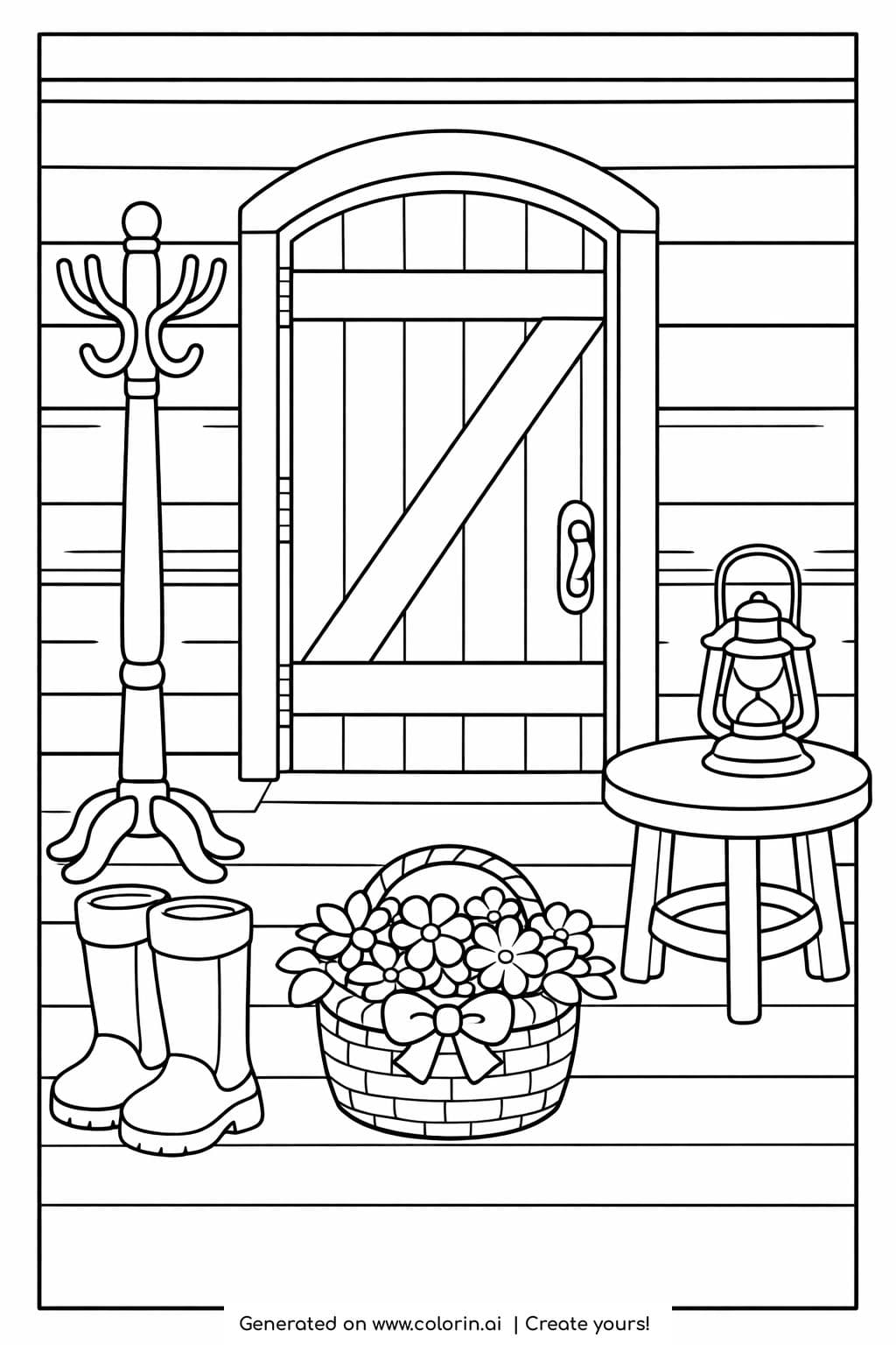 rustic cabin door with boots coloring page showing lantern, flowers, and wooden walls coloring page