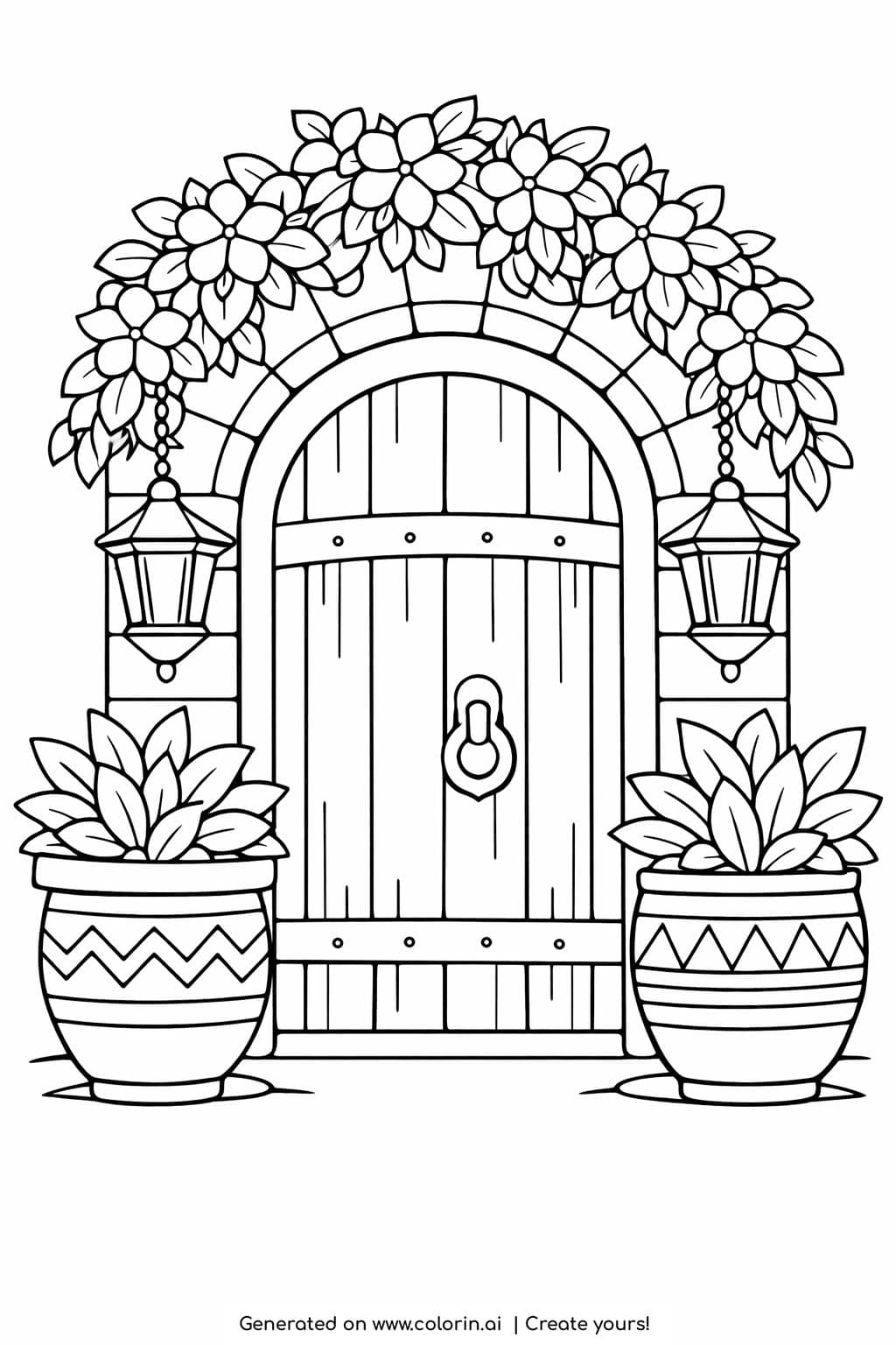 rustic door with flower arch coloring page with lanterns and potted plants