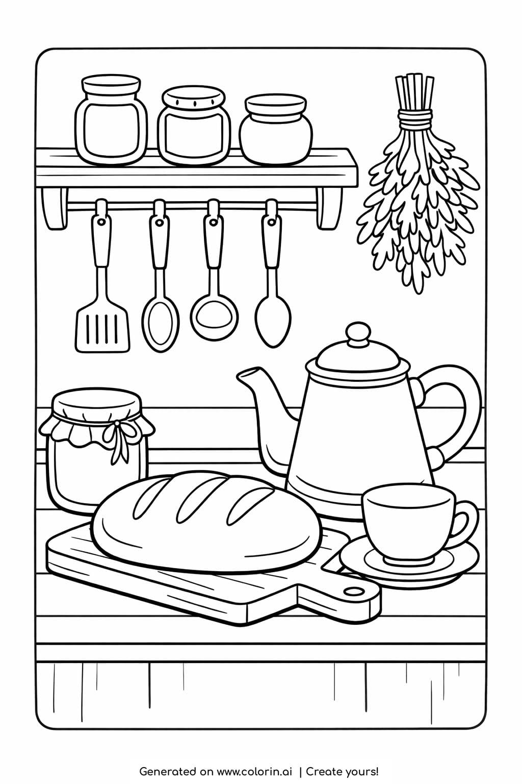 rustic kitchen bread and tea coloring page with teapot, loaf and shelves coloring page