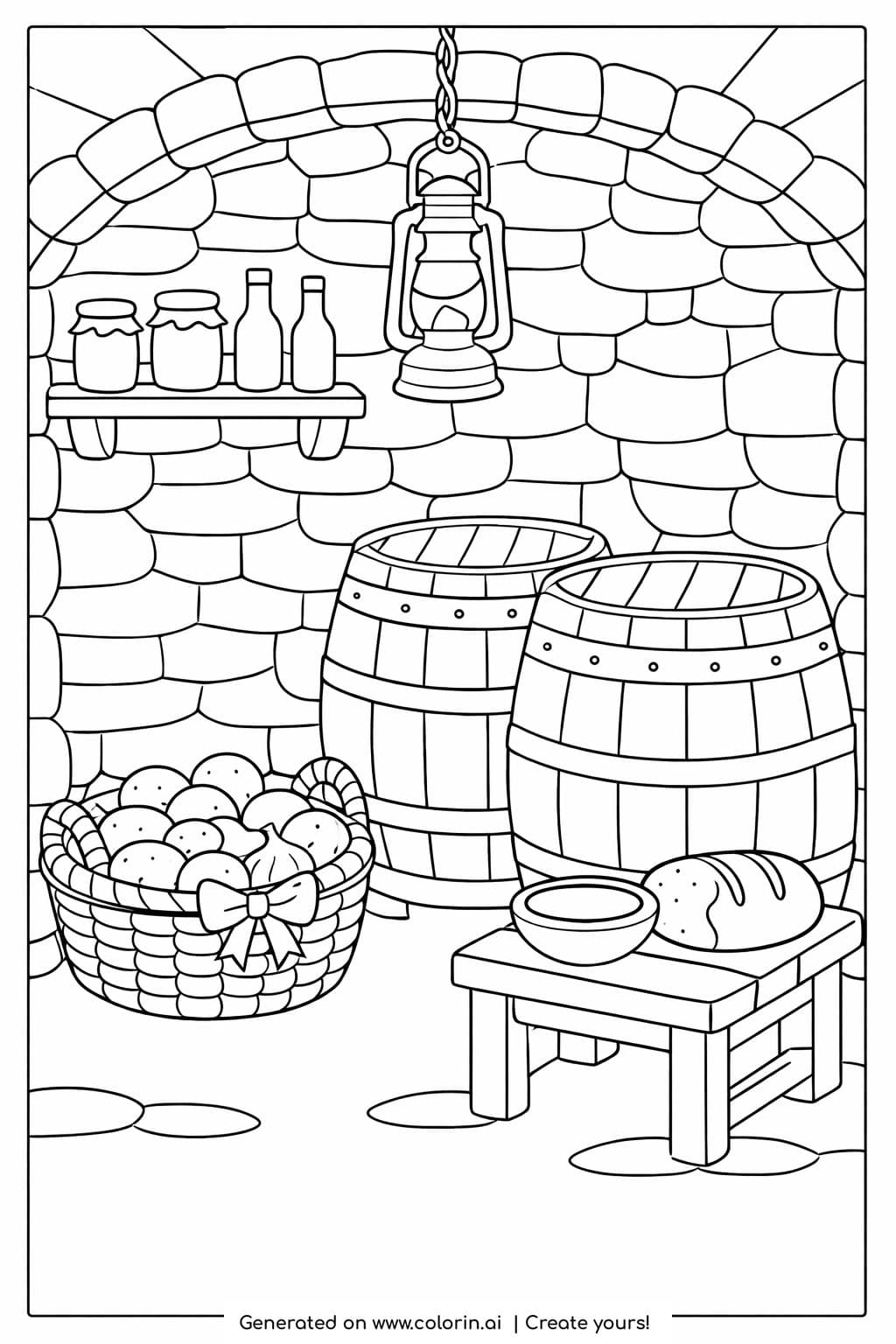 rustic stone cellar with barrels coloring page featuring lantern and food basket coloring page