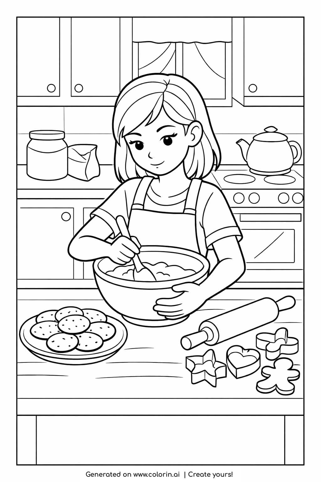 teen girl baking cookies coloring page showing a girl mixing dough with cookies and kitchen tools coloring page
