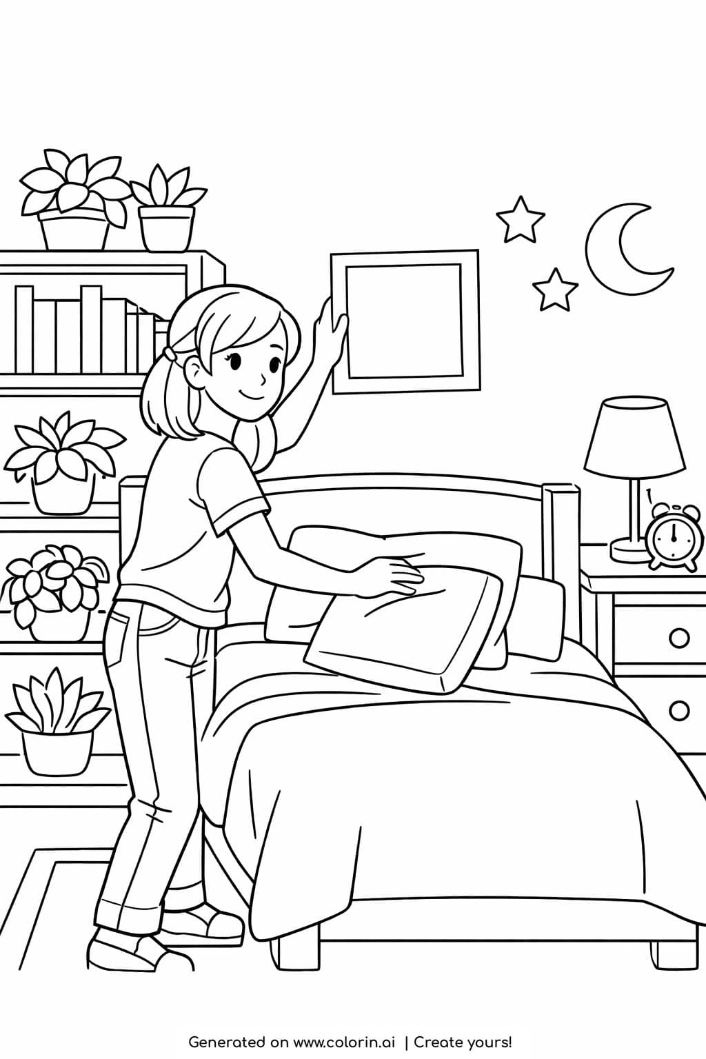 teen girl decorating bedroom coloring page with plants bed pillow and wall art coloring page