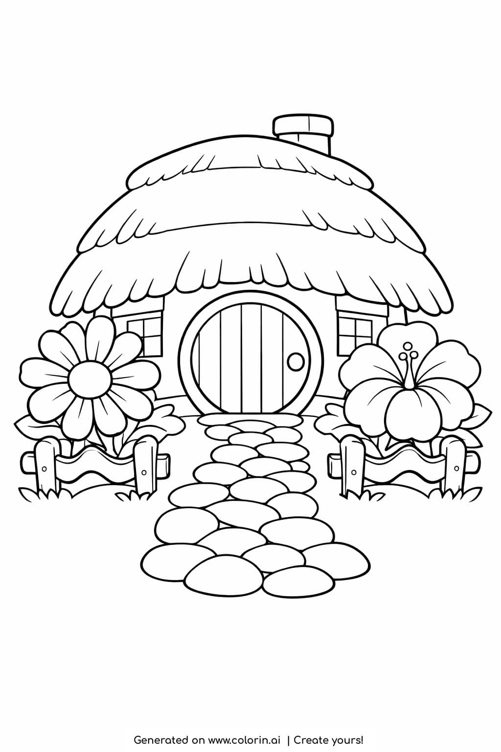 thatched cottage with stone path coloring page with flowers and round door