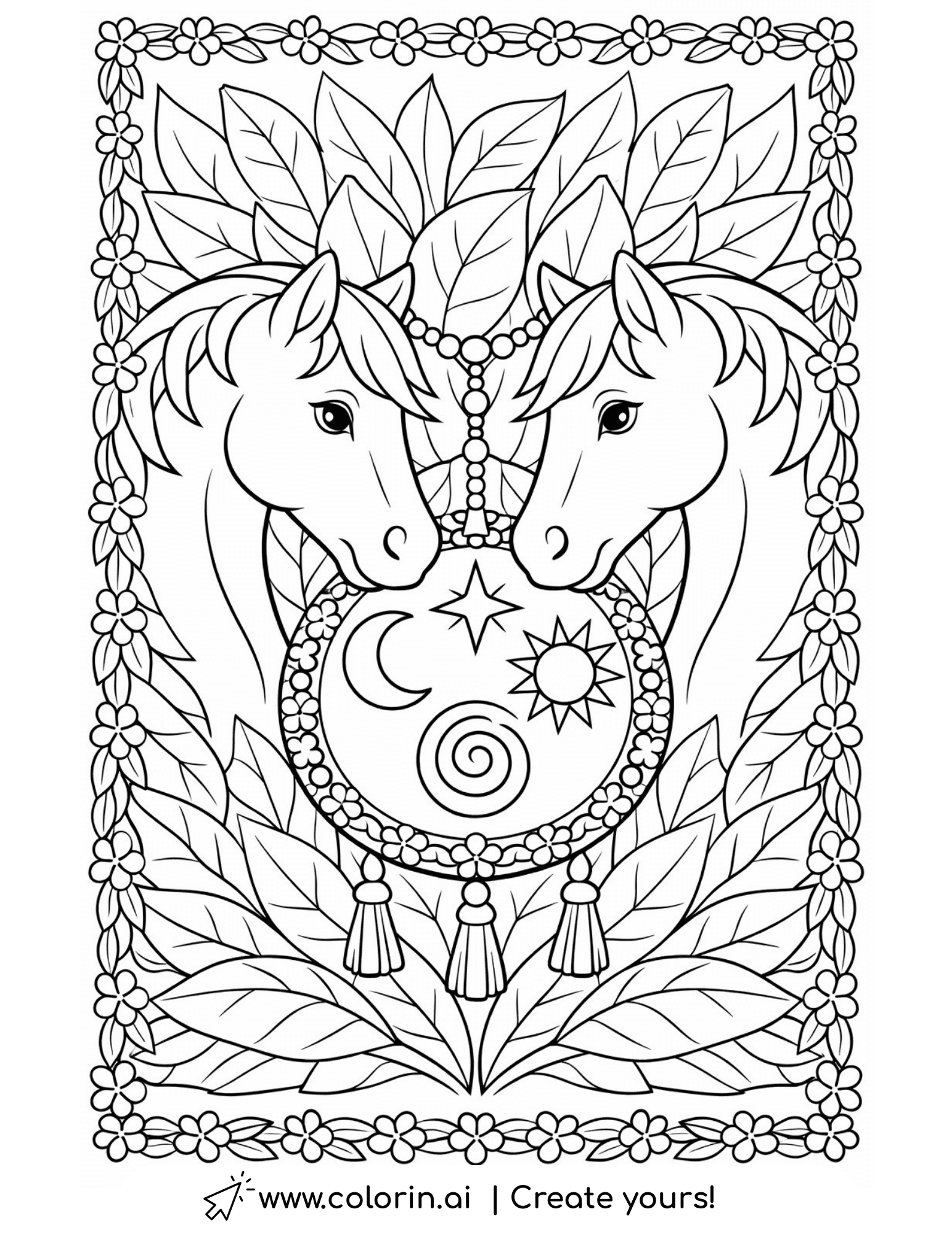 two horses with sun and moon coloring page with decorative leaf frame coloring page