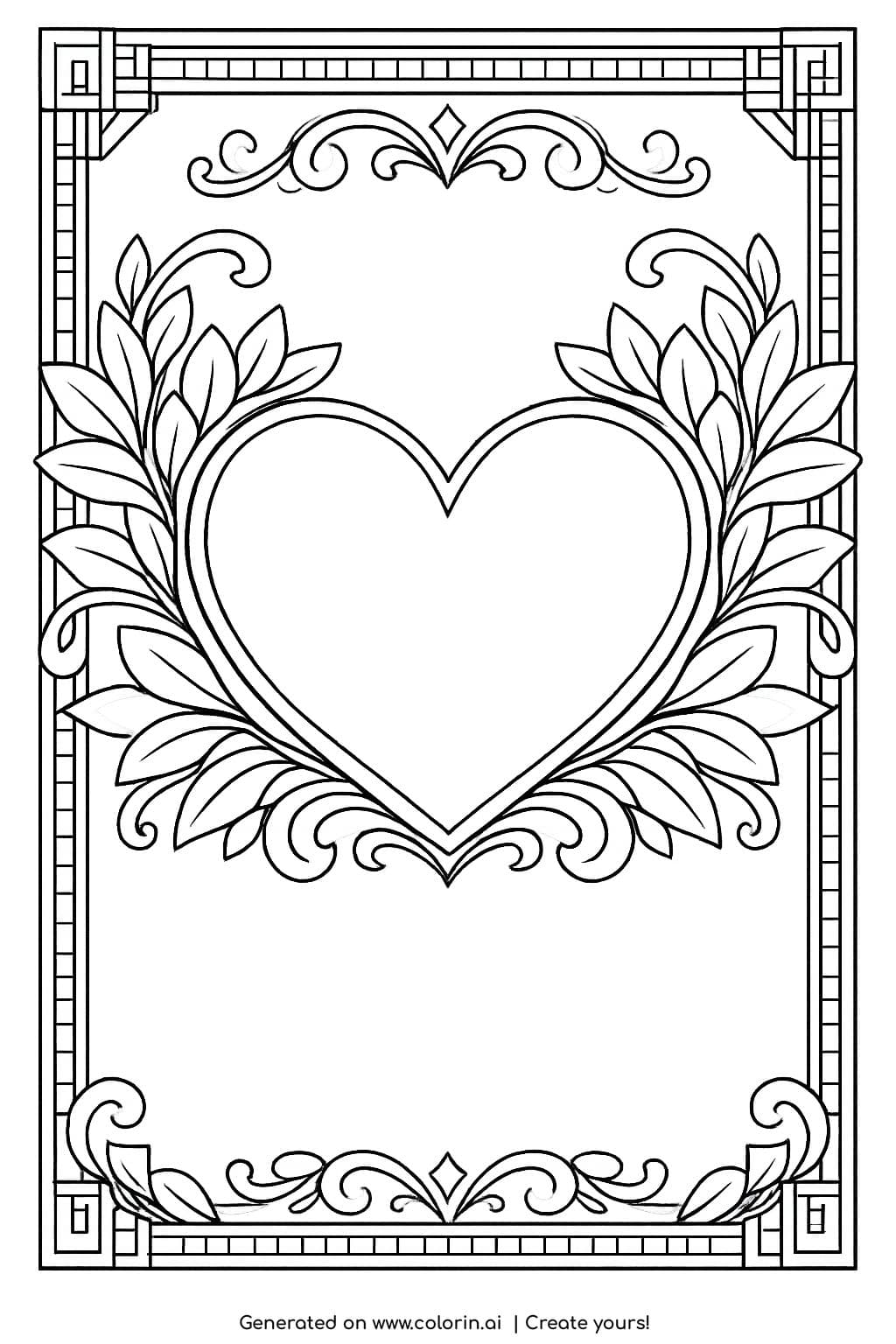 vintage framed heart with leaves coloring page with decorative frame and symmetrical foliage coloring page