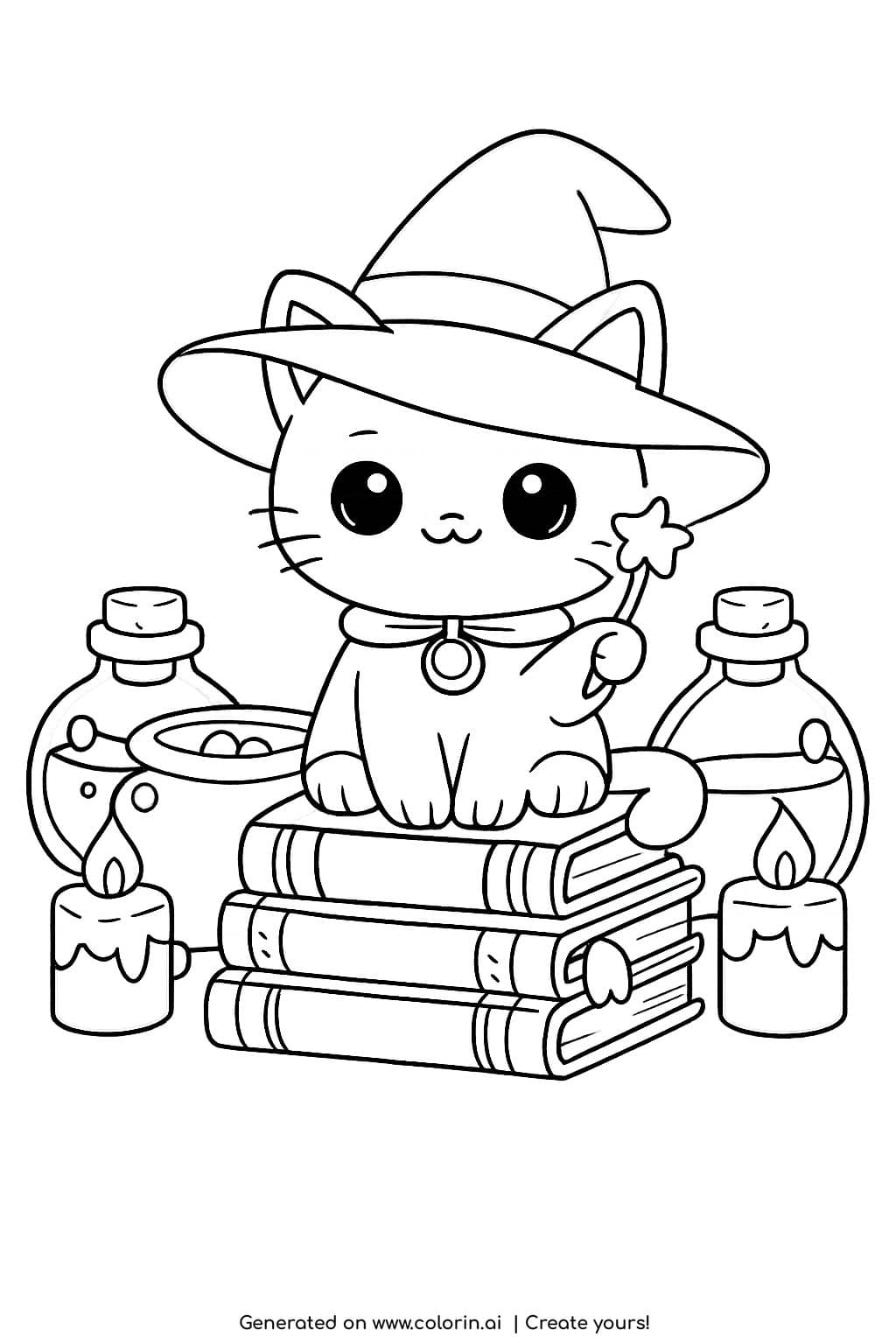 wizard cat sitting on books coloring page cute kitten with hat and wand near potions coloring page