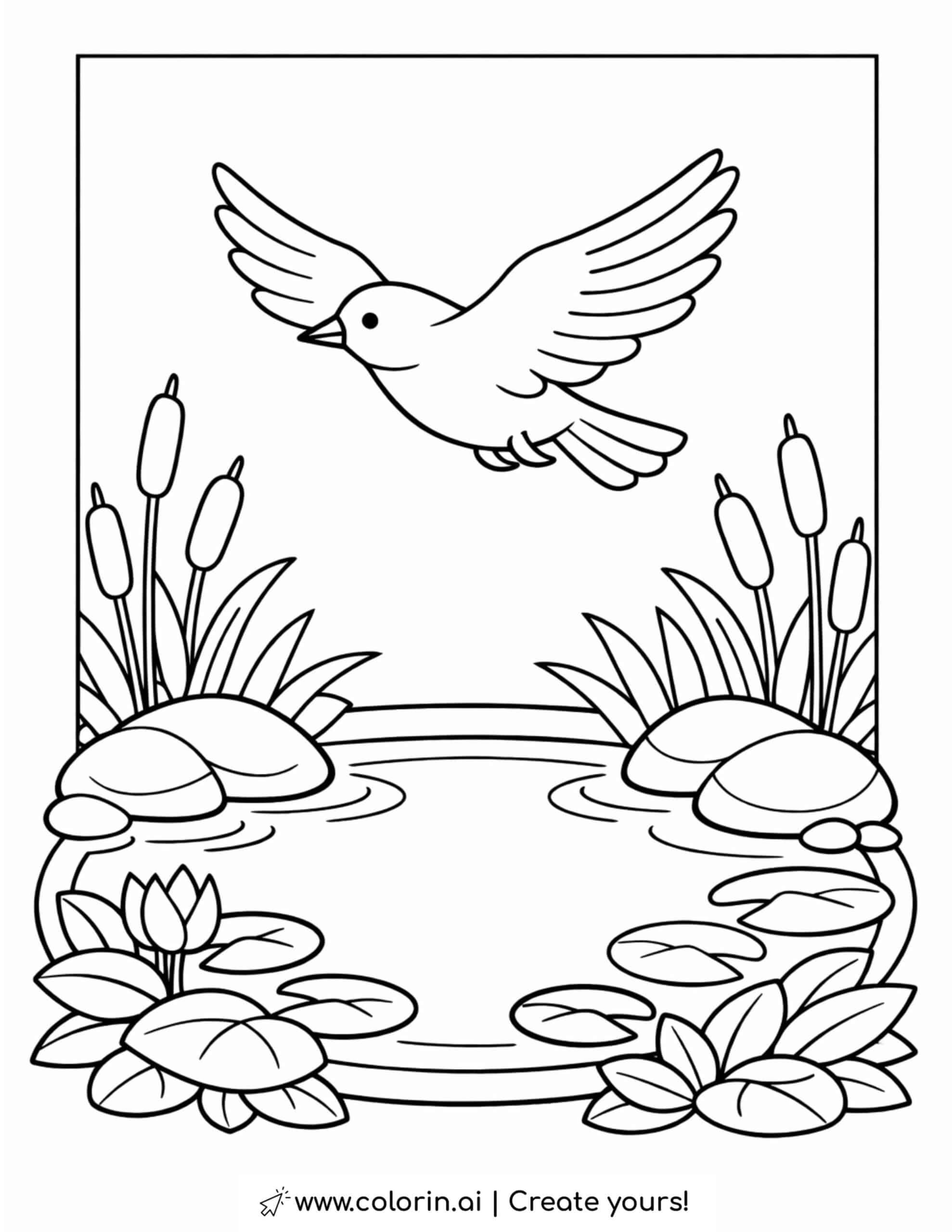 bird flying over small pond with reeds and lily pads coloring page