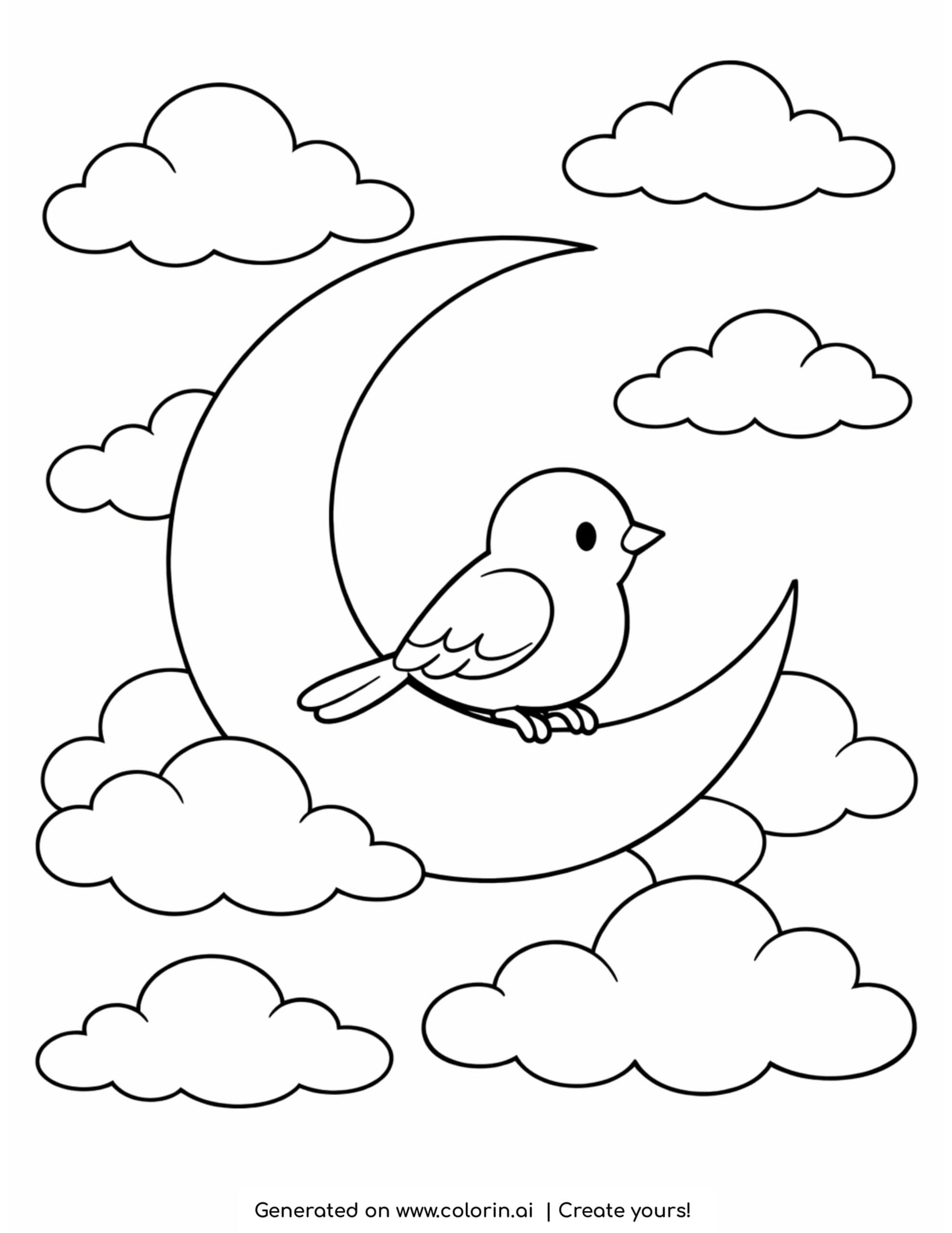 bird sitting on crescent moon with clouds coloring page