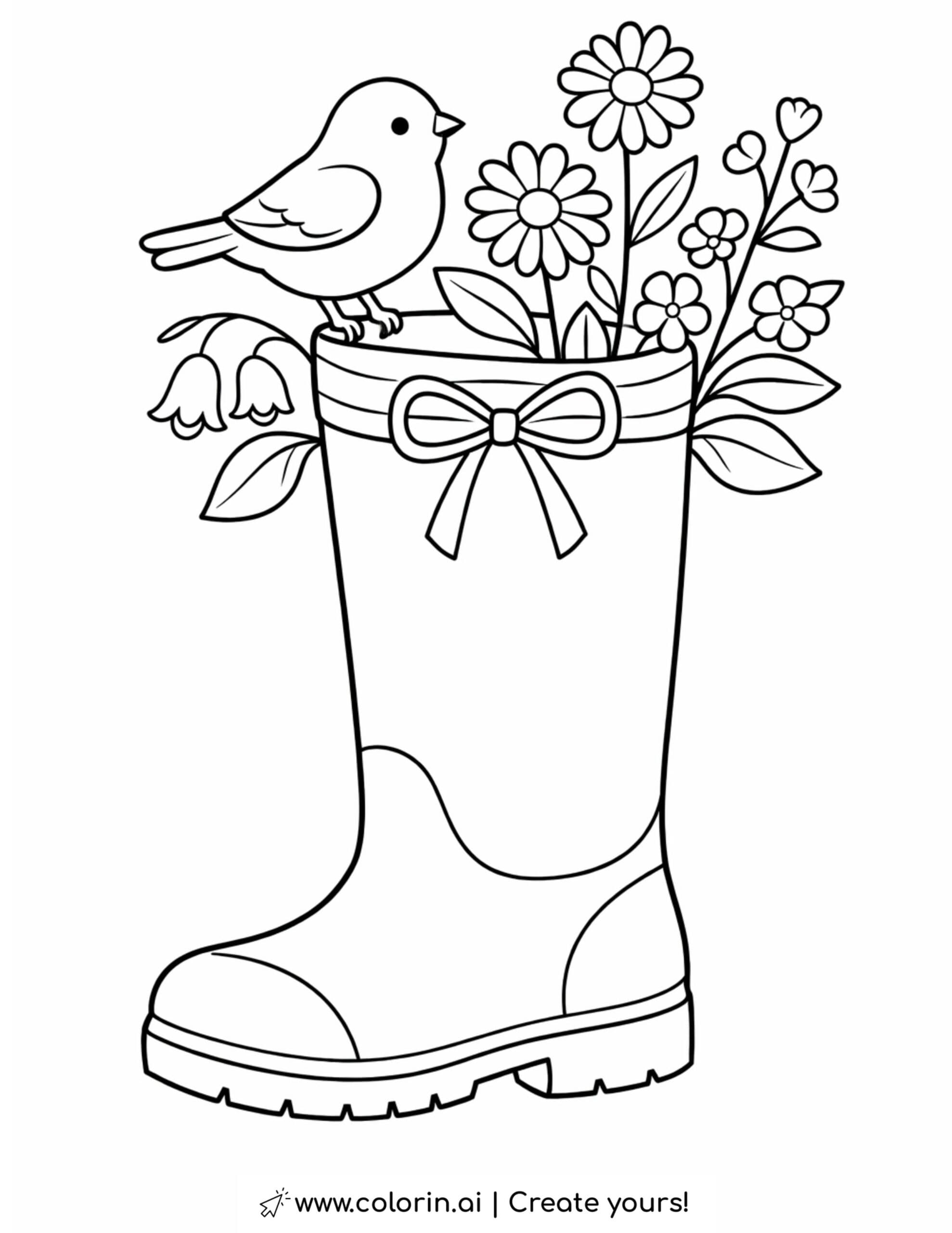bird perched on rain boot coloring page with flowers growing from the boot coloring page