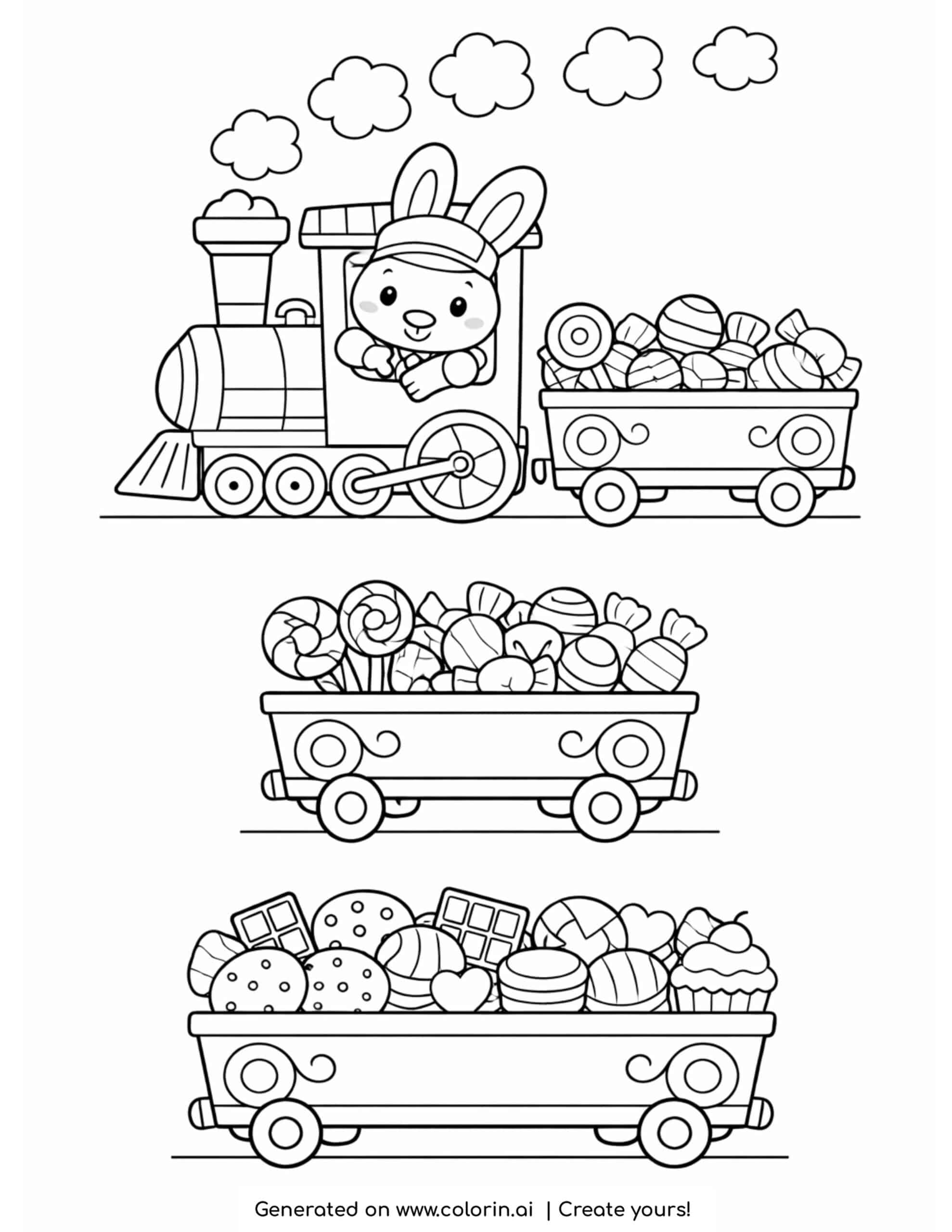 bunny driving candy train coloring page with wagons full of sweets coloring page