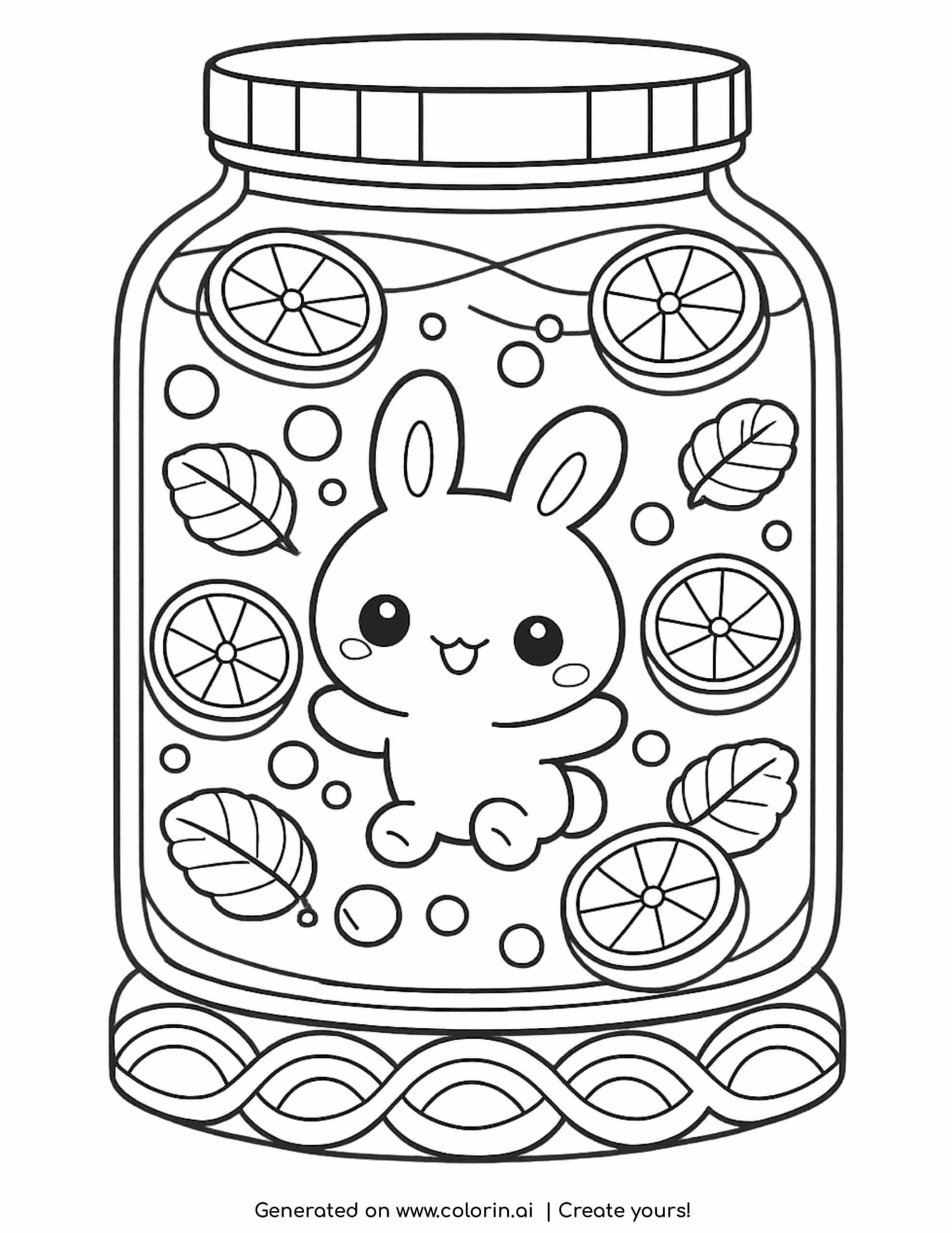 bunny floating in a jar coloring page with lemon slices and bubbles coloring page
