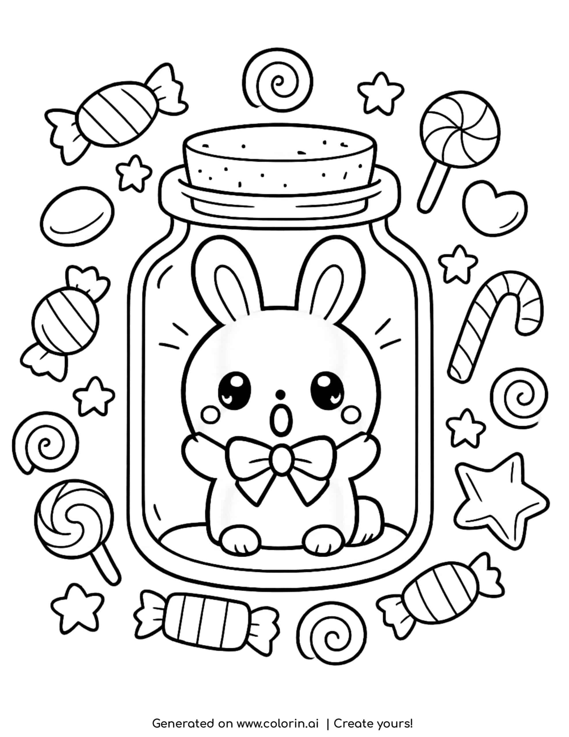 bunny inside a candy jar coloring page with sweets and stars around coloring page