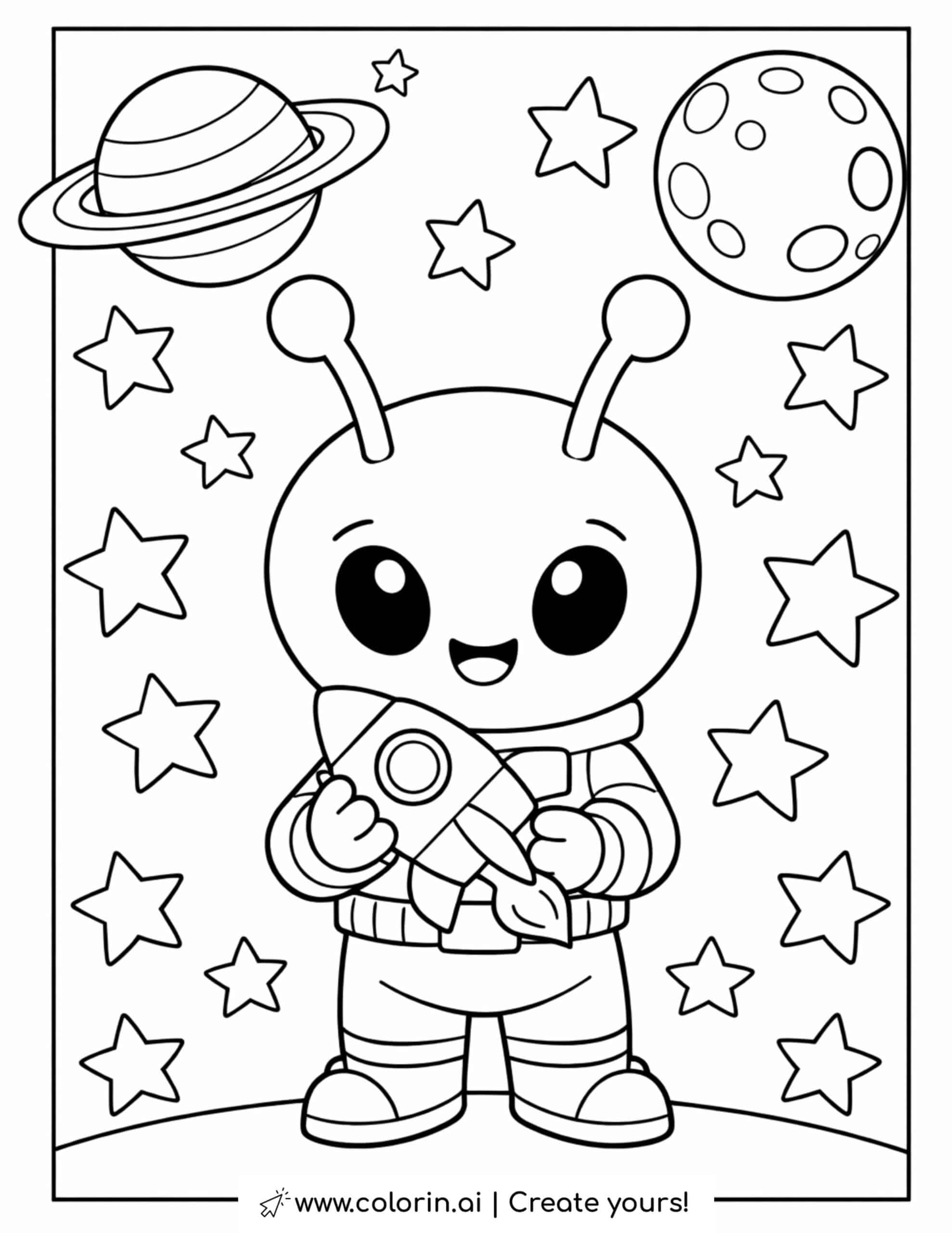 cute alien holding rocket coloring page