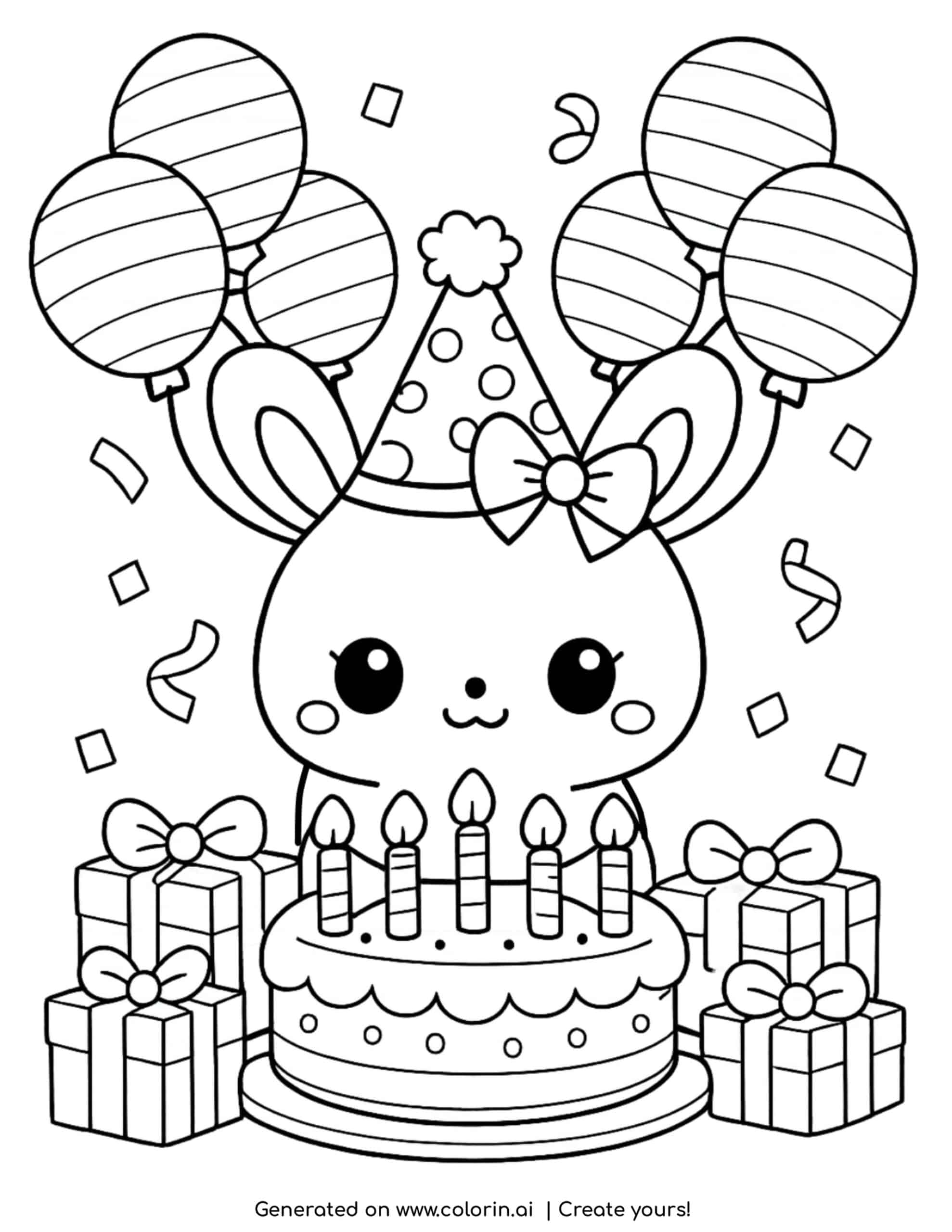 cute bunny birthday with cake balloons and presents coloring page
