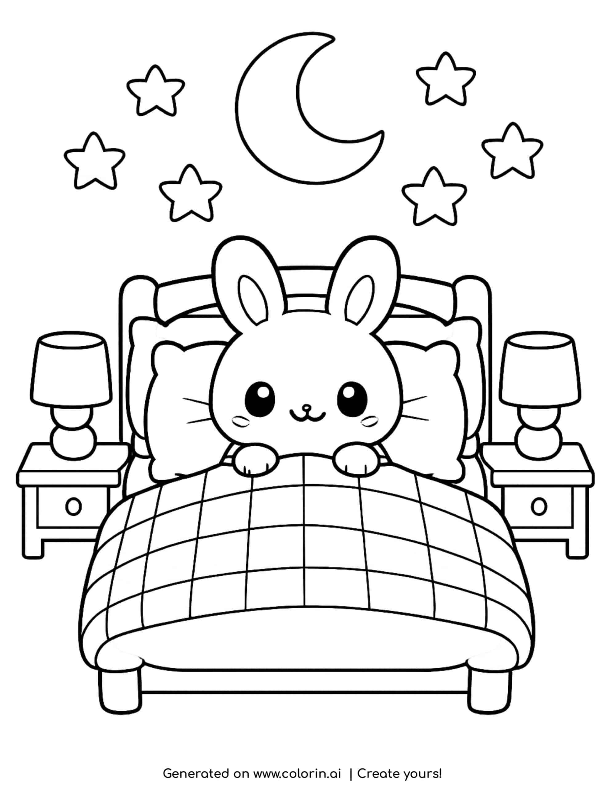 cute bunny tucked in bed with moon and stars coloring page