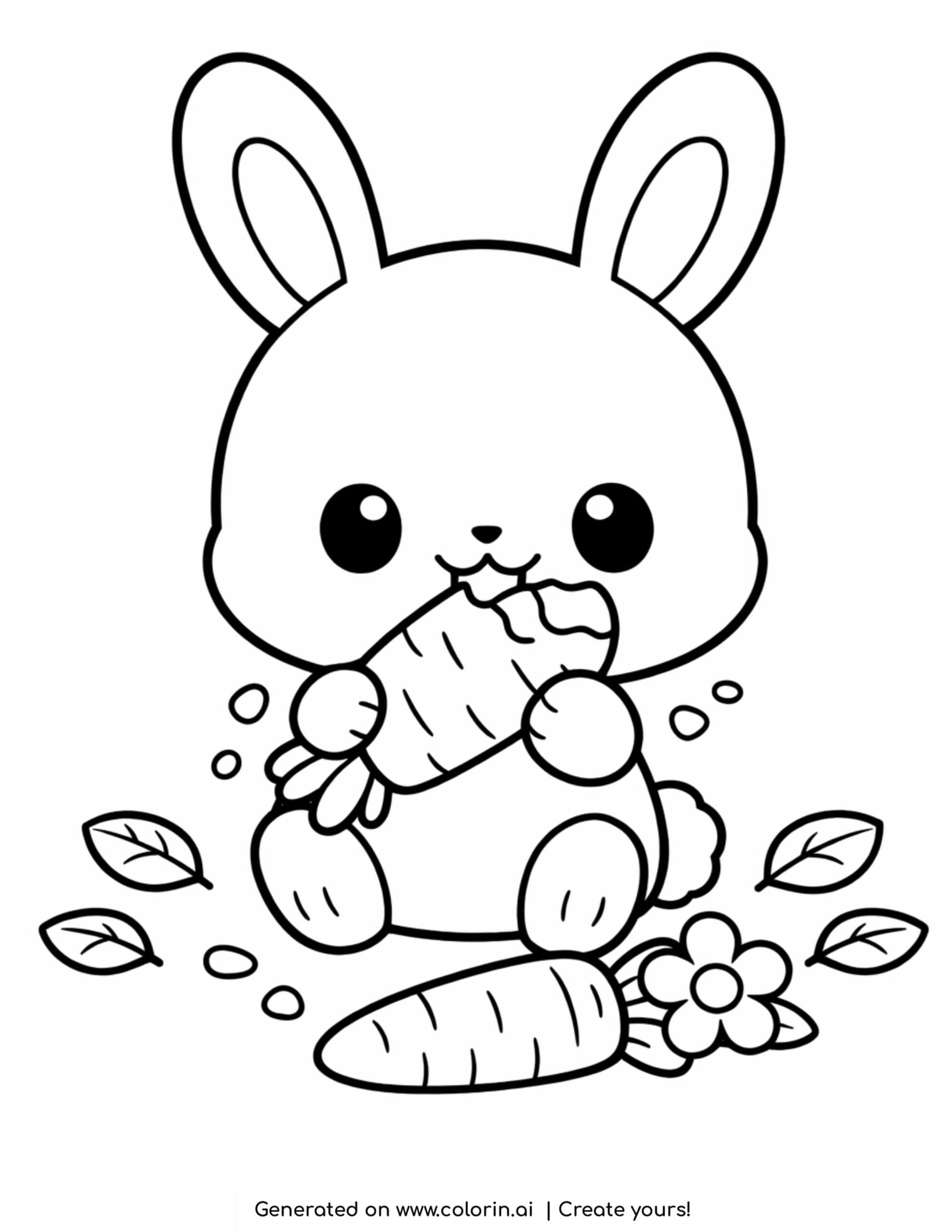 cute bunny eating a carrot with leaves and flower coloring page