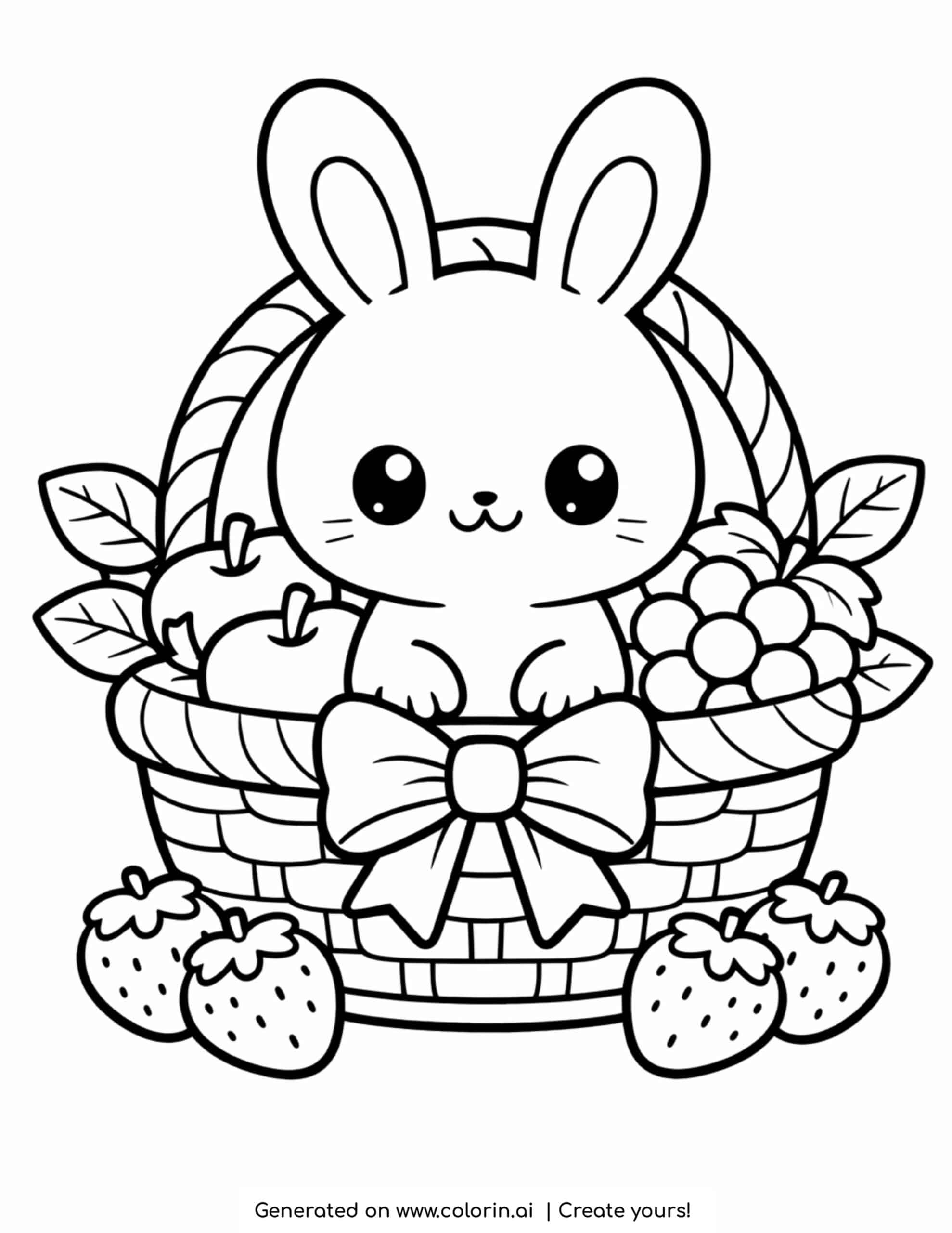 cute bunny sitting in fruit basket with apples grapes and strawberries coloring page