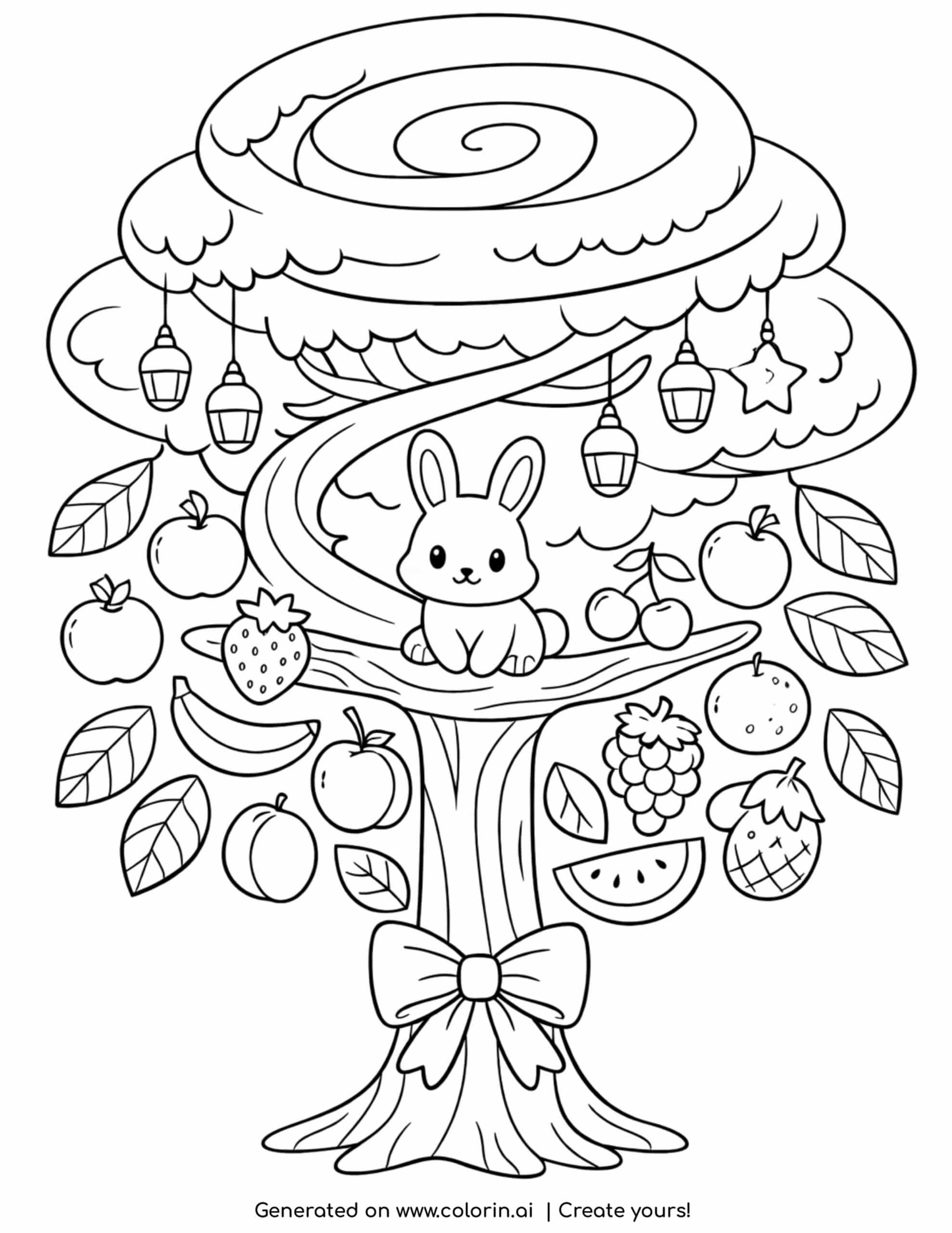 cute bunny sitting in fruit tree with hanging lights and fruits coloring page