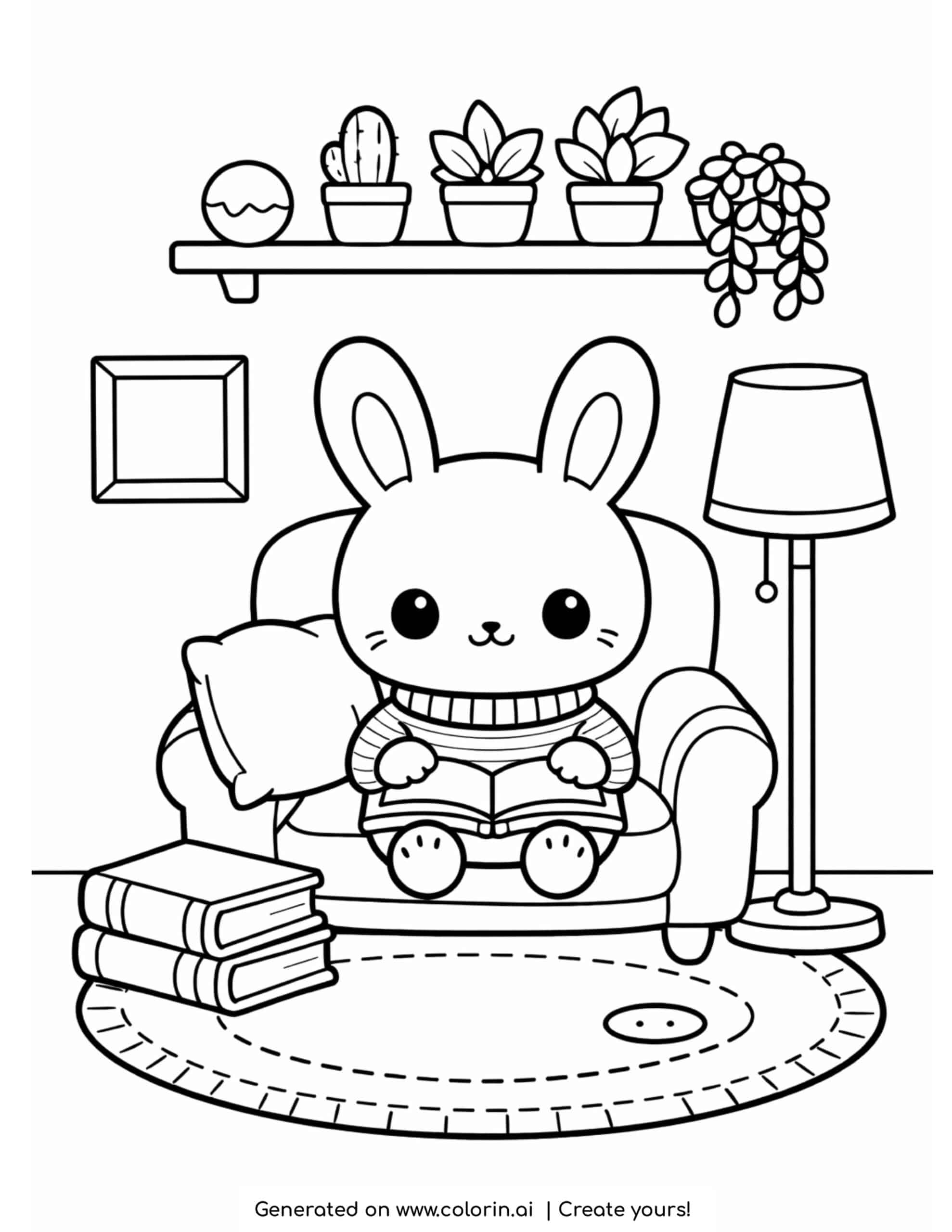 cute bunny reading book in cozy room with chair and plants coloring page