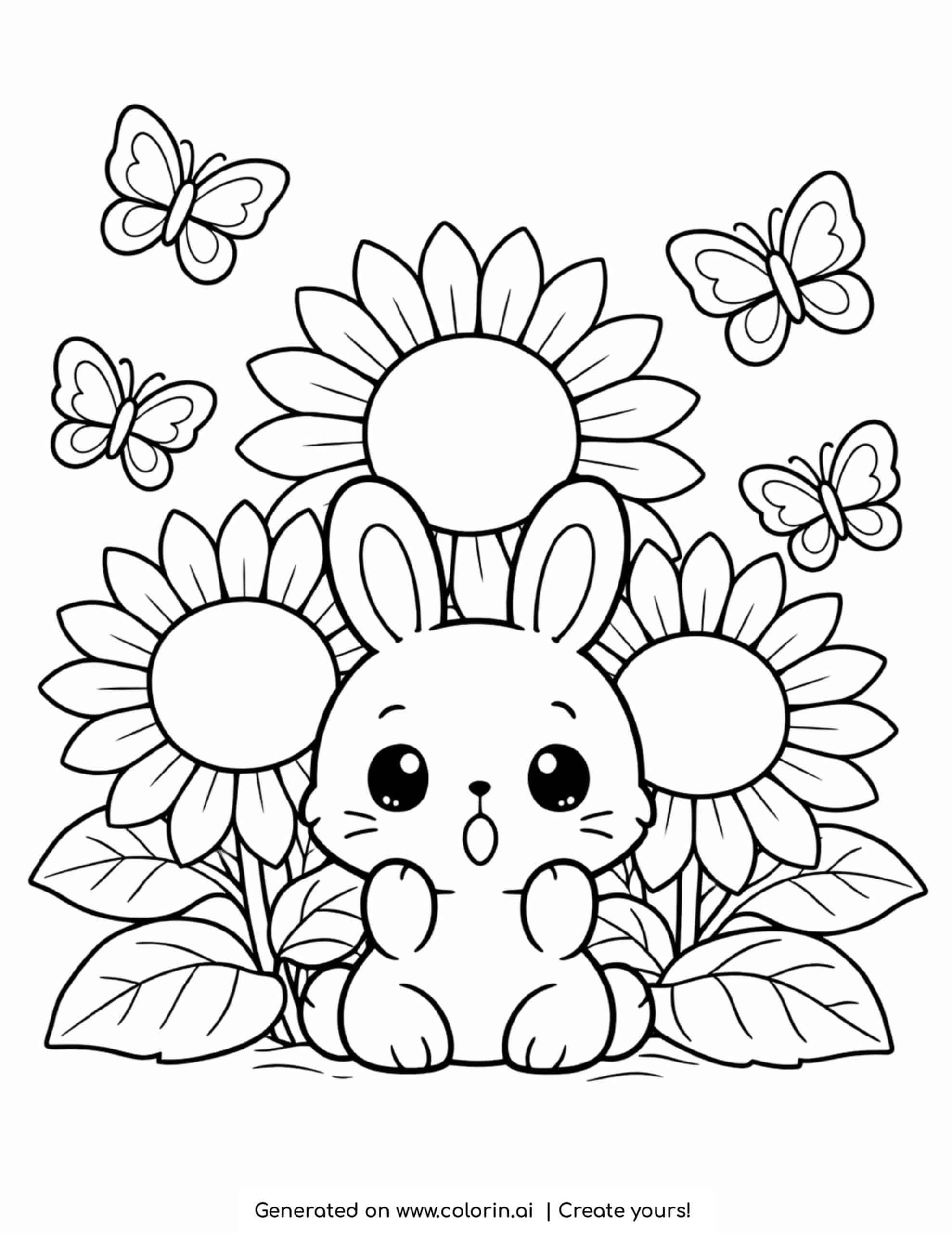 cute bunny sitting with sunflowers and butterflies coloring page