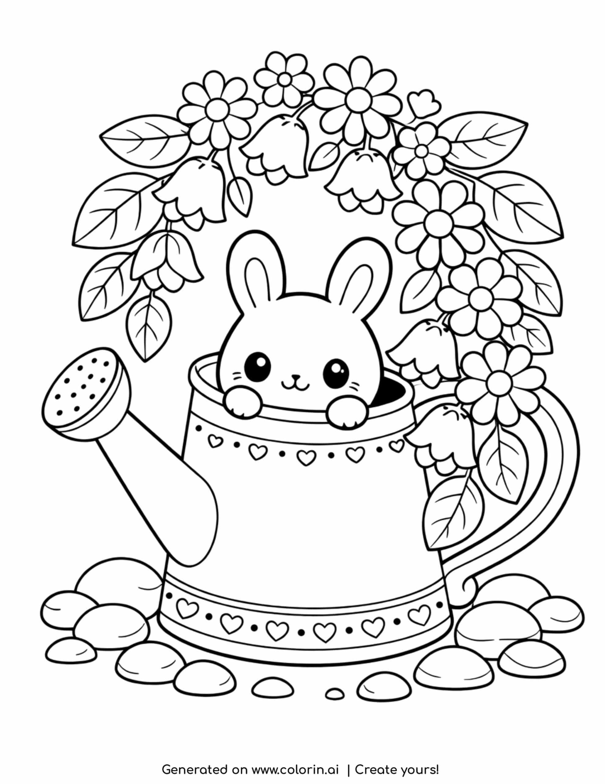 cute bunny inside watering can with flowers and stones coloring page