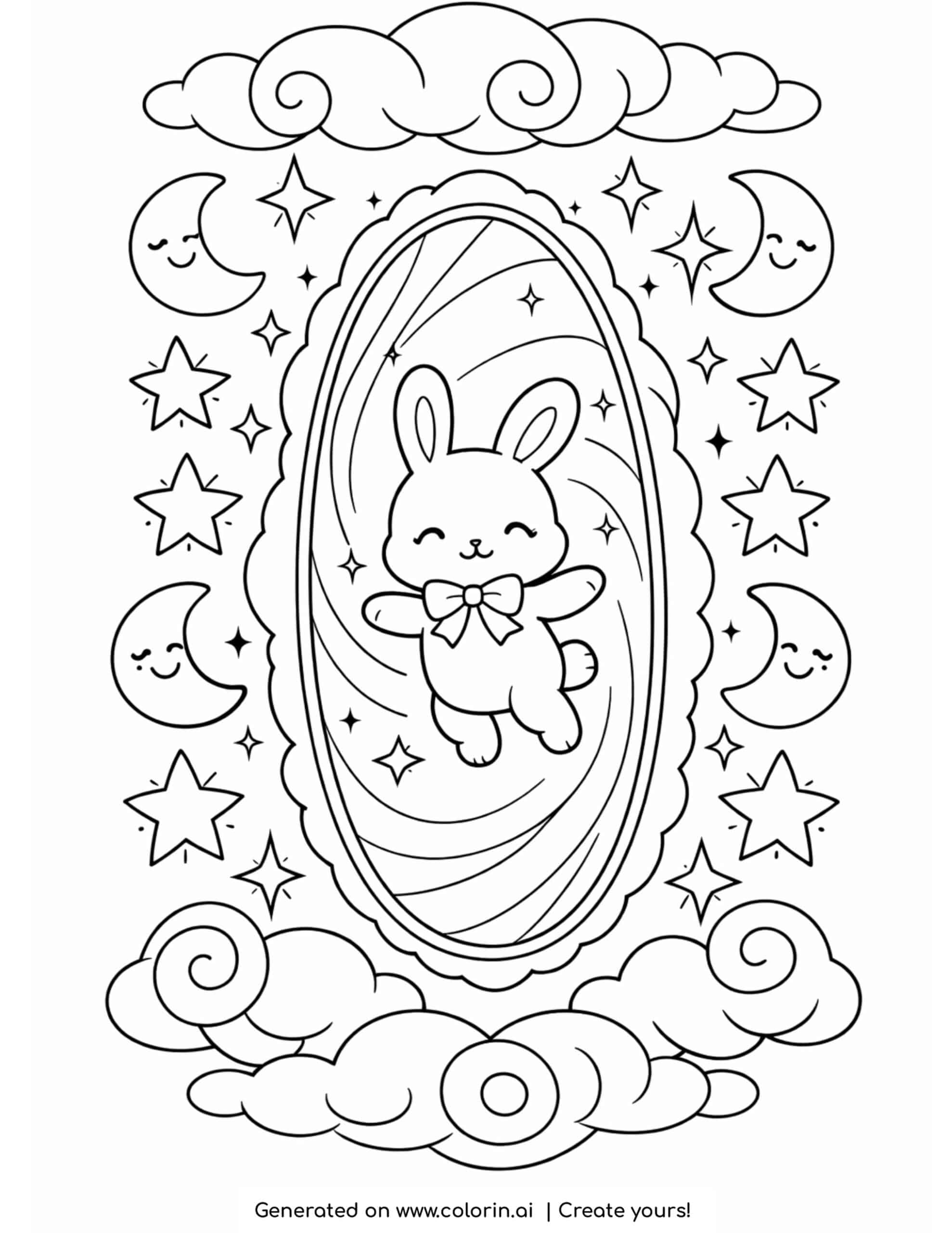 cute bunny floating in magical portal with stars moons and clouds coloring page
