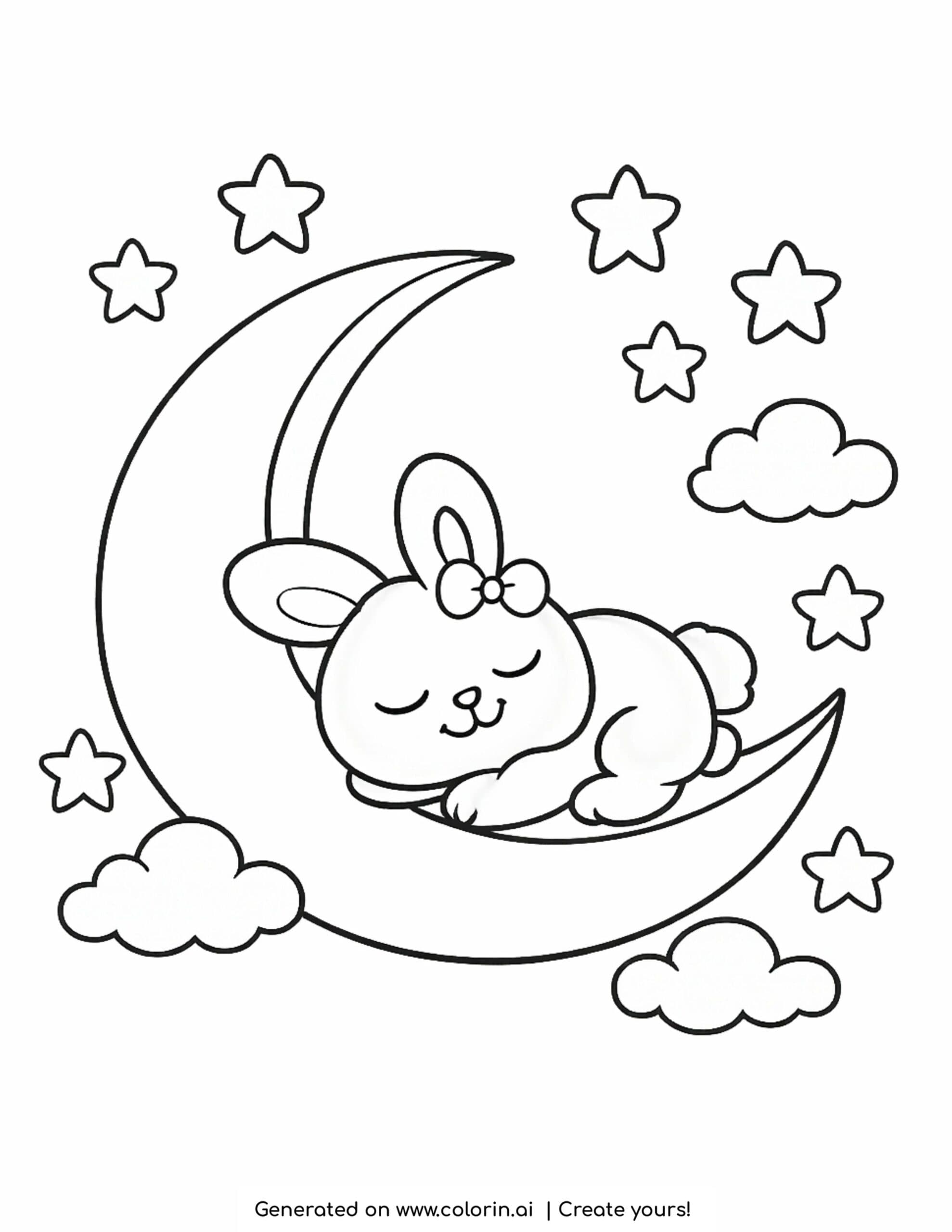 cute bunny sleeping on crescent moon with stars and clouds coloring page