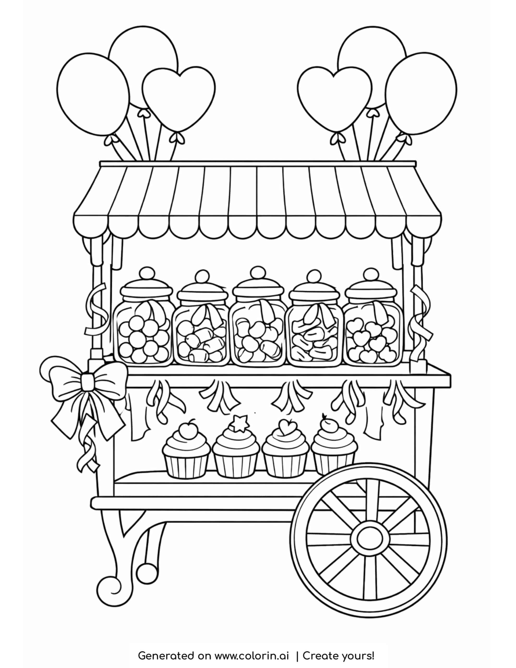 dessert cart with candy jars cupcakes and balloons coloring page