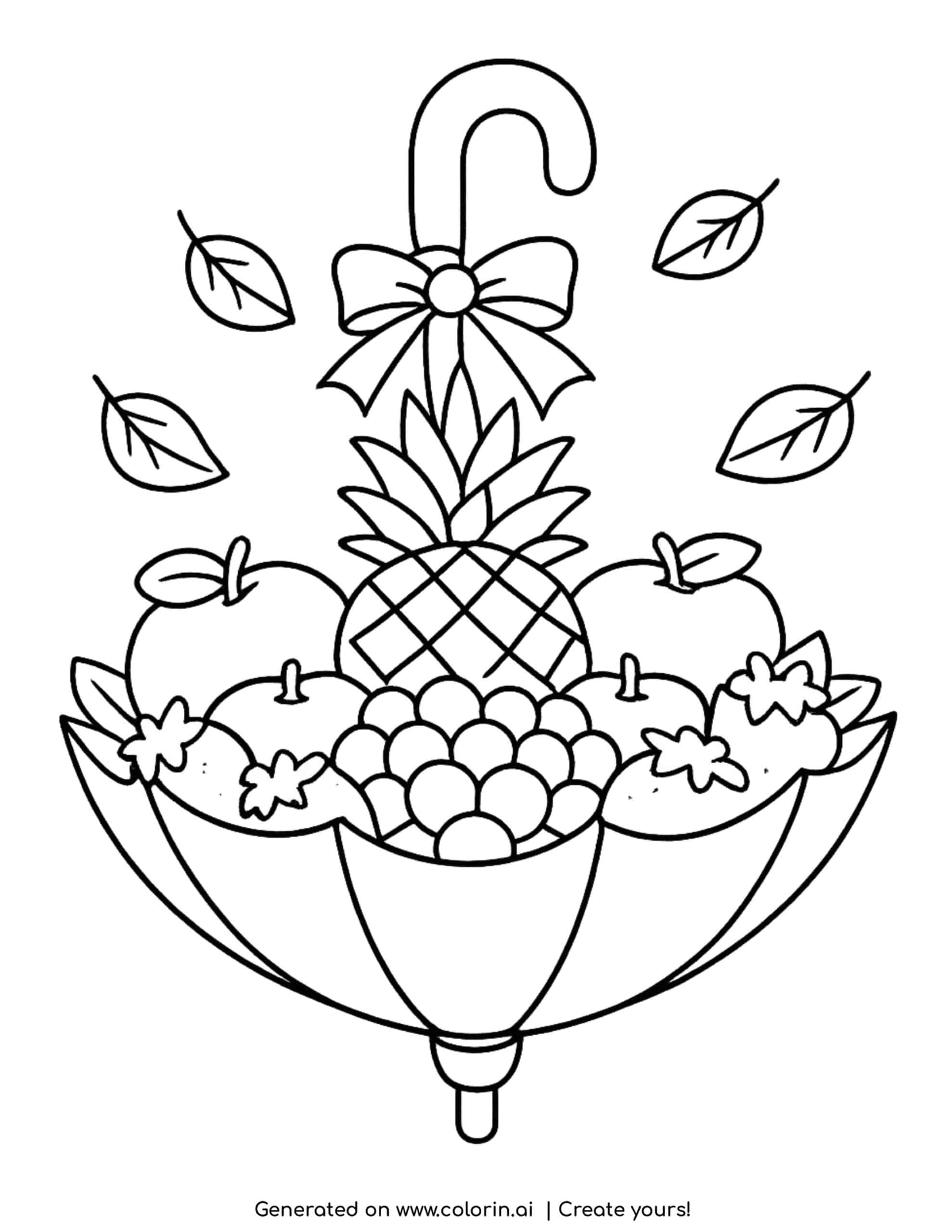 umbrella filled with fruits pineapple apples grapes strawberries coloring page