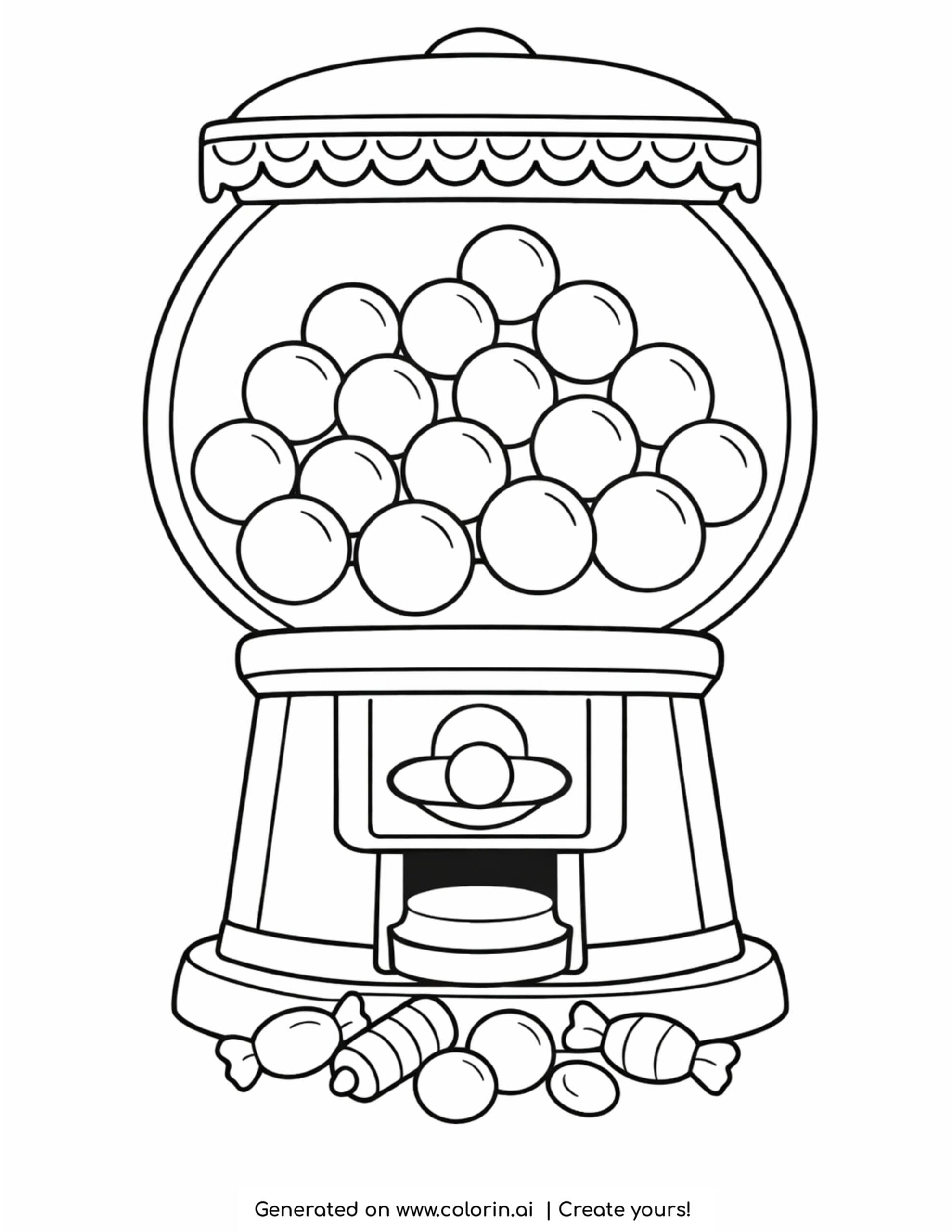 vintage gumball machine with candy balls and sweets coloring page