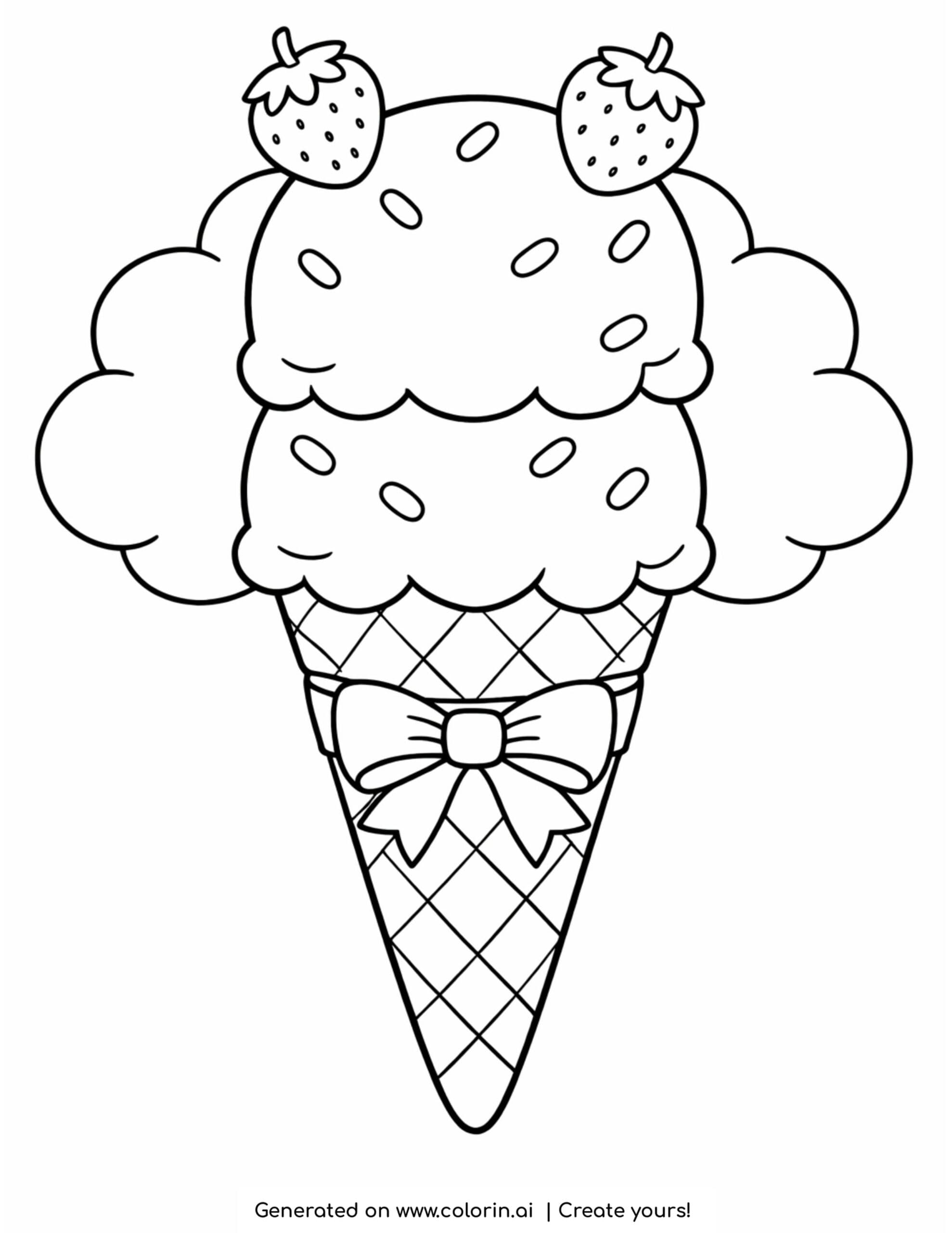 double scoop ice cream cone with strawberries sprinkles and bow coloring page