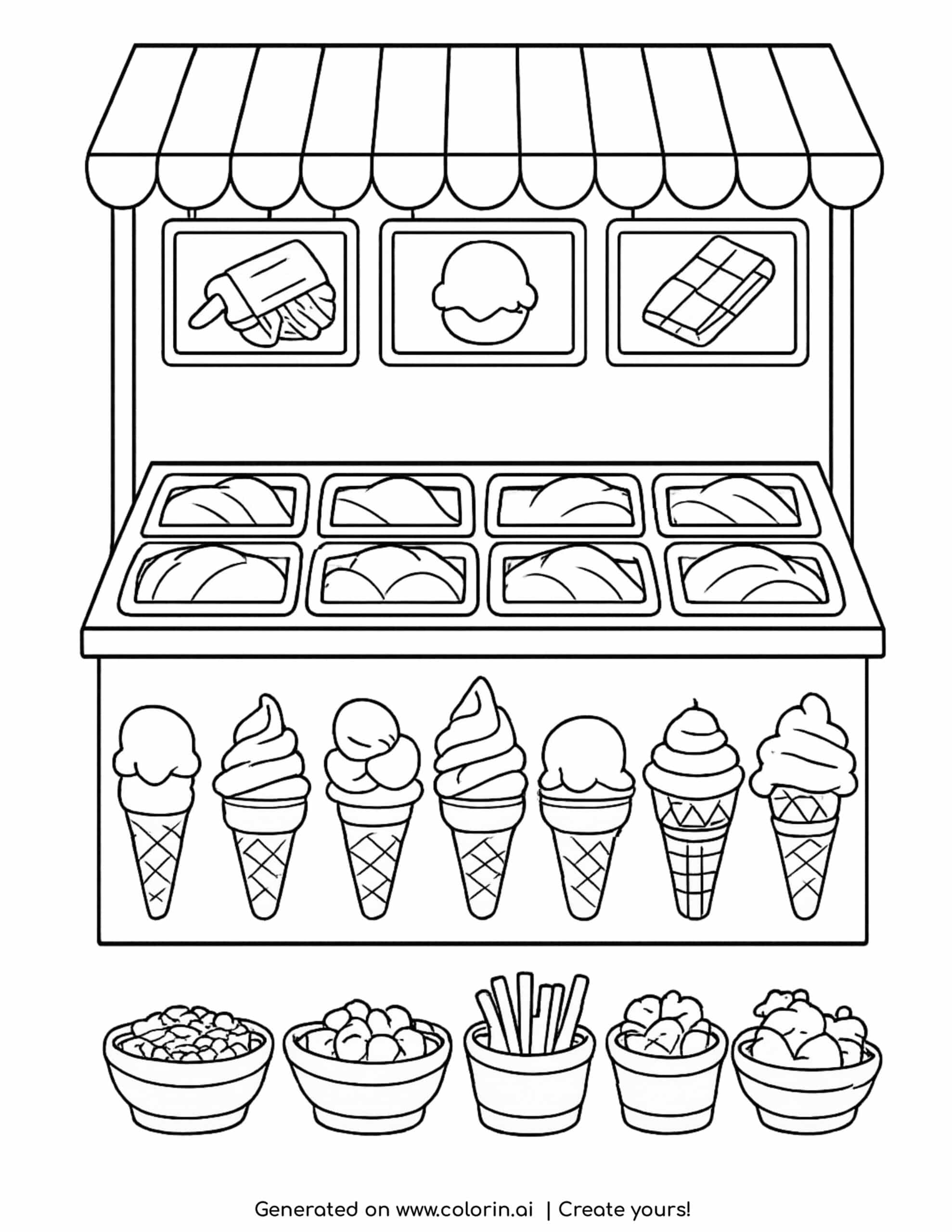 ice cream shop display with cones toppings and dessert trays coloring page