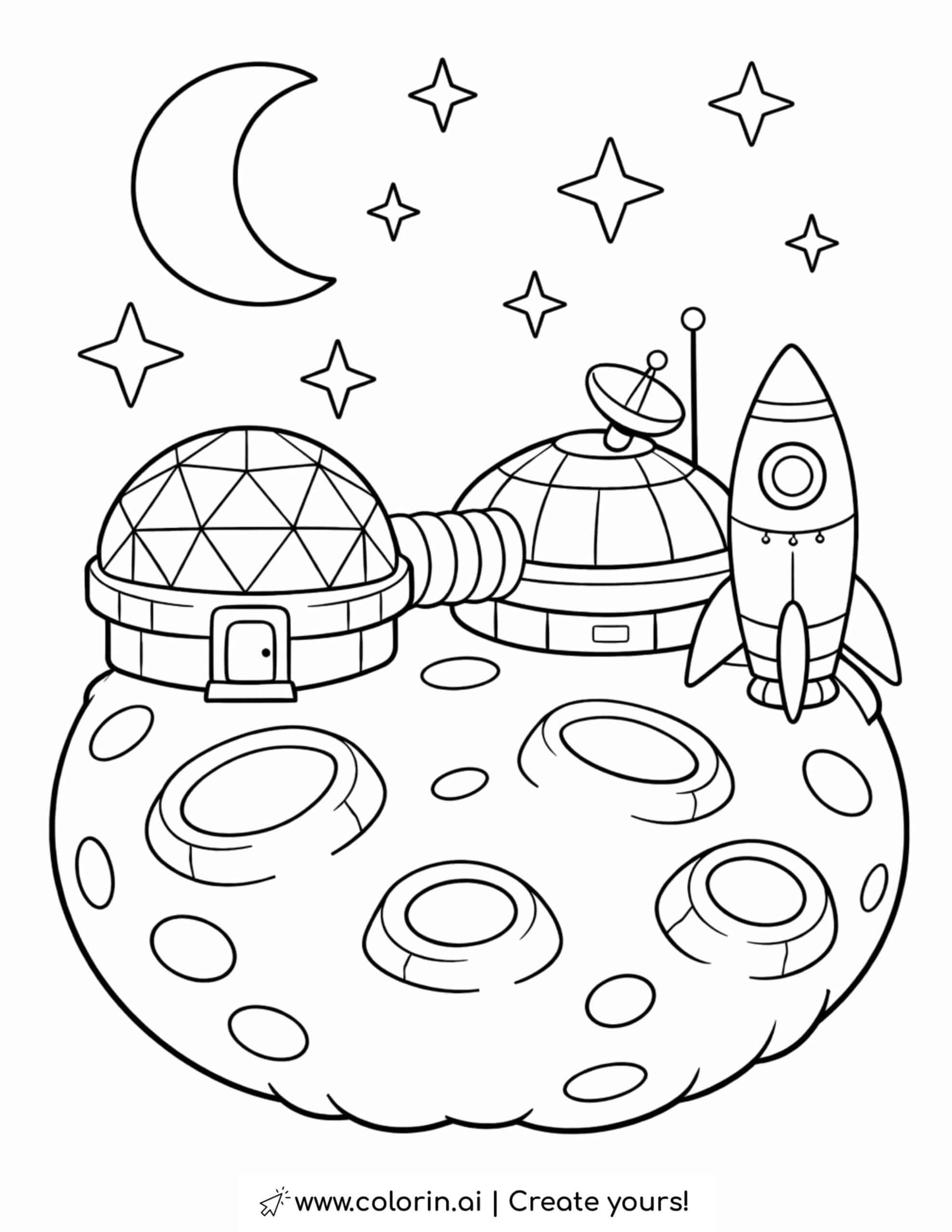 moon base with rocket and domes coloring page