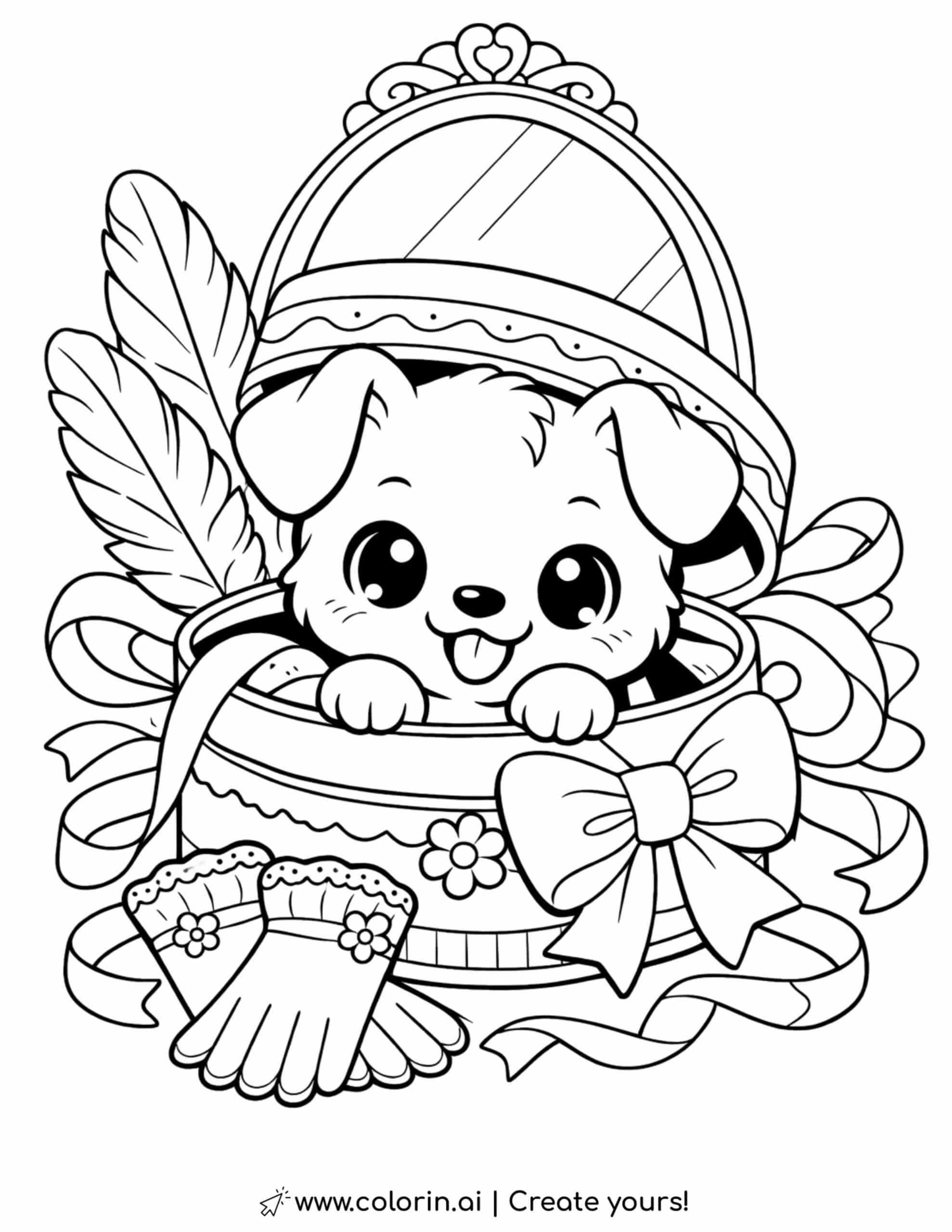 puppy in vintage hat box coloring page with ribbons feathers gloves and mirror coloring page