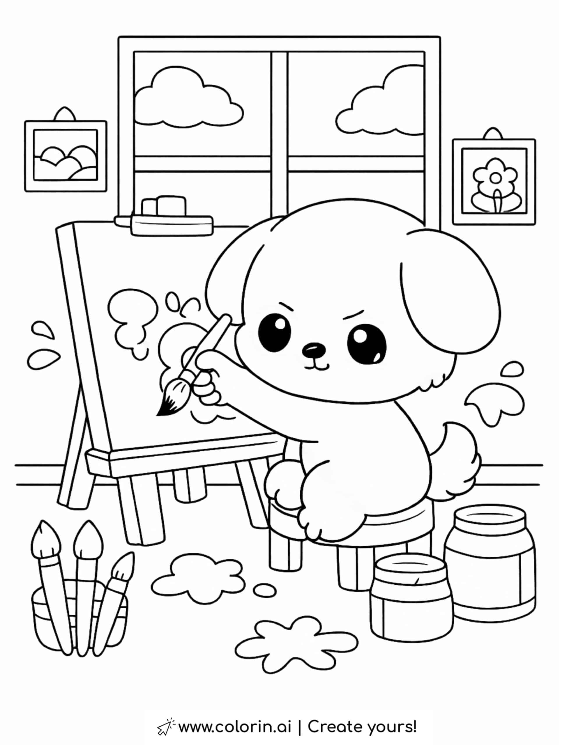 puppy painting on easel coloring page with paint jars brushes and art studio coloring page