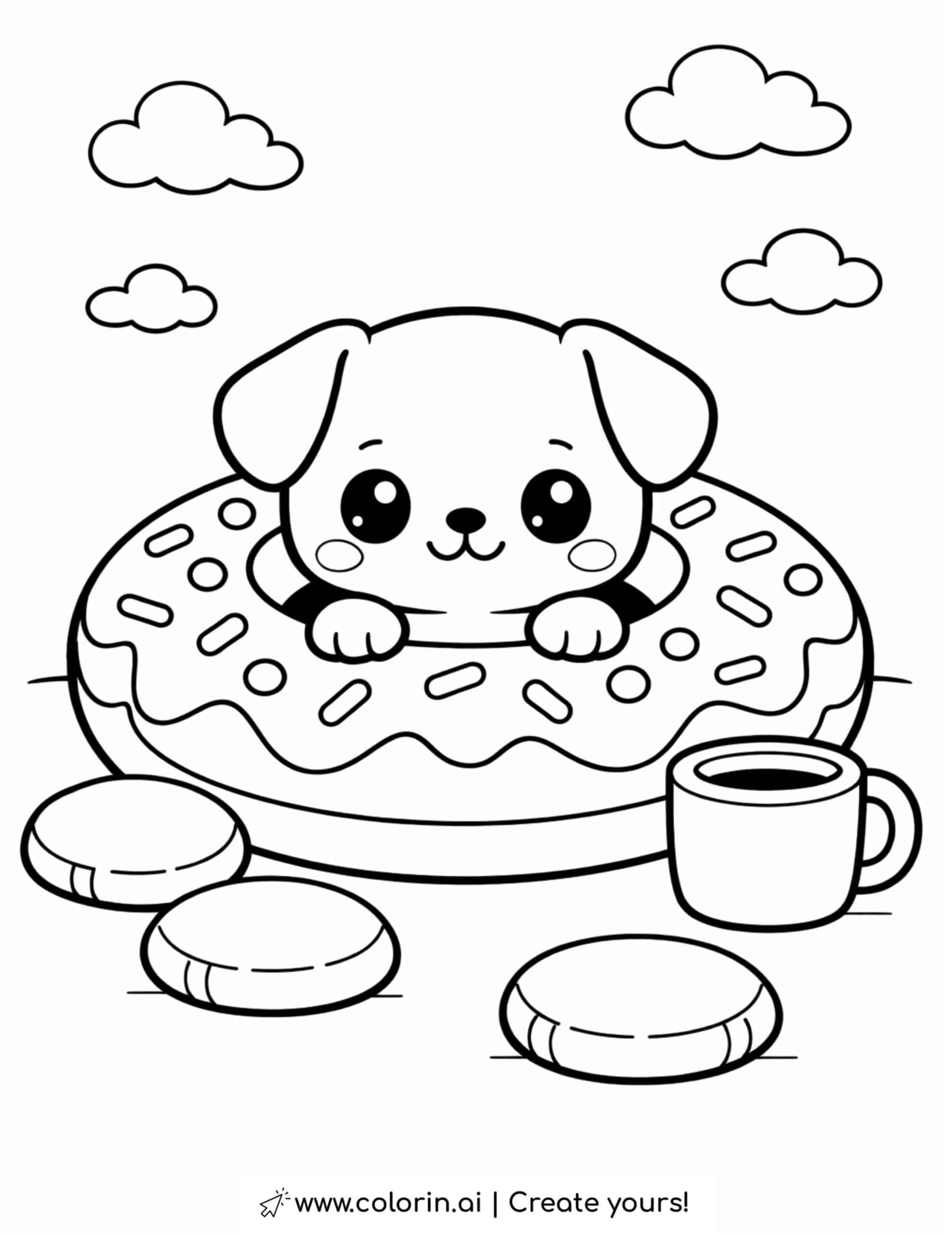 puppy sitting in a donut coloring page with sprinkles cookies and a cup on a table