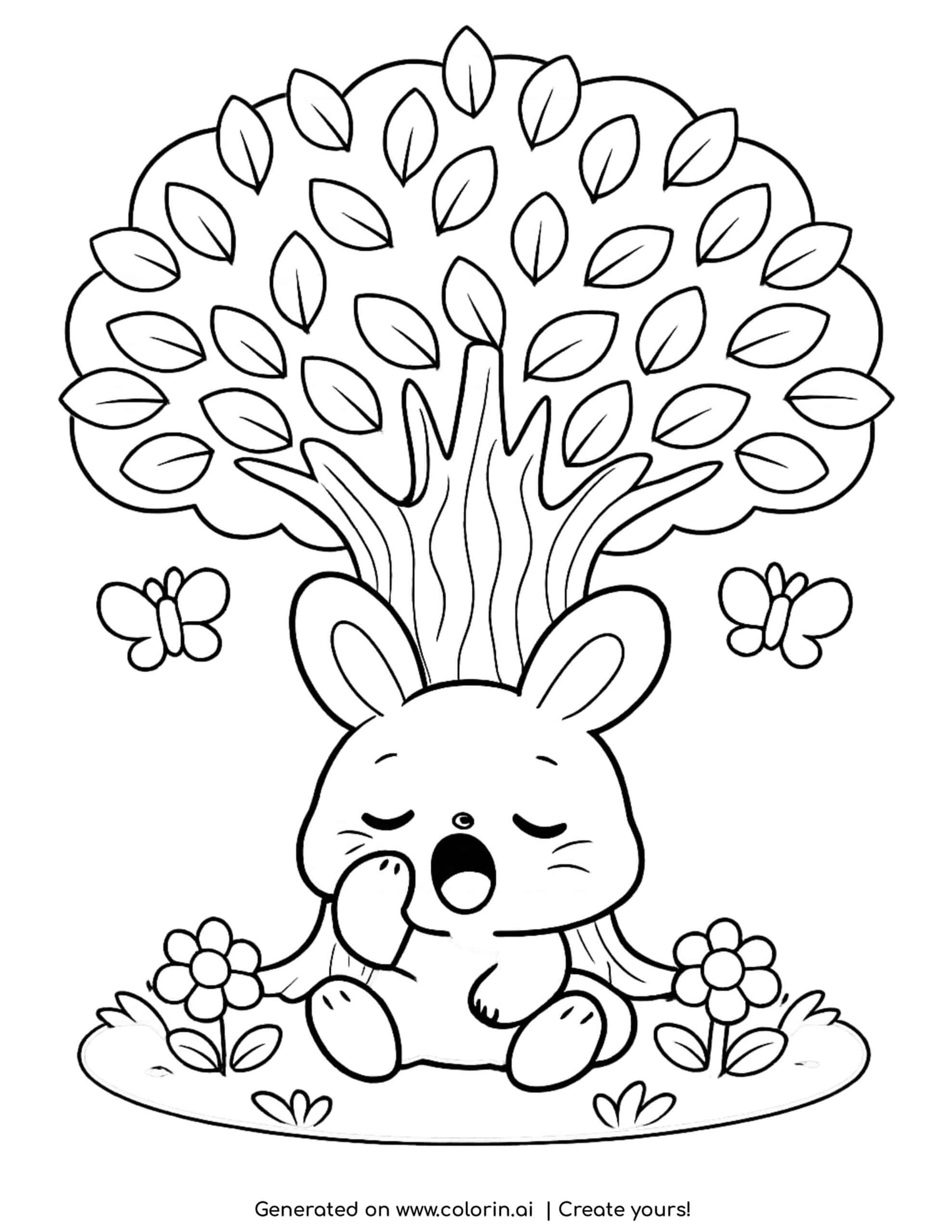 cute sleepy bunny resting under tree with flowers and butterflies coloring page