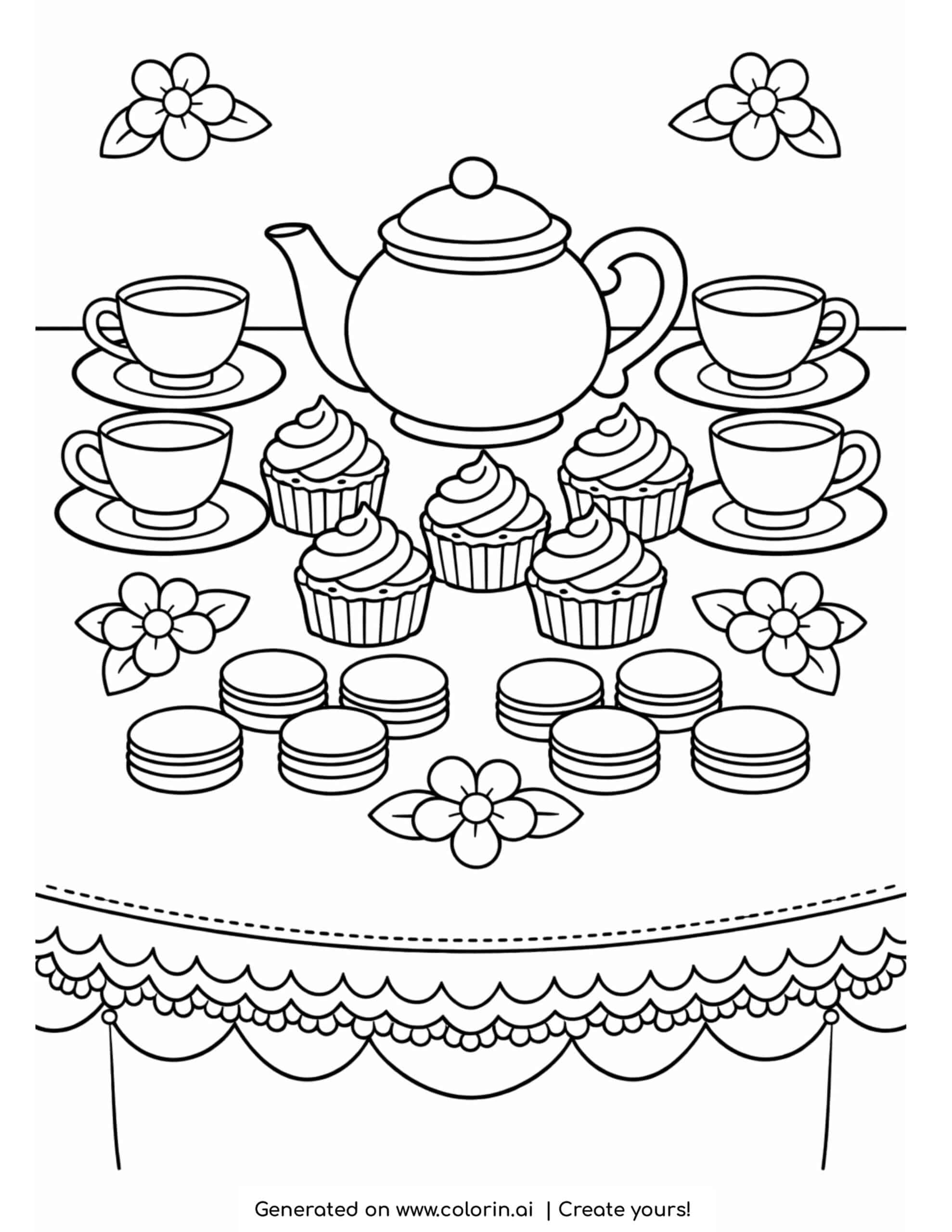 tea party table with teapot cups cupcakes and macarons coloring page