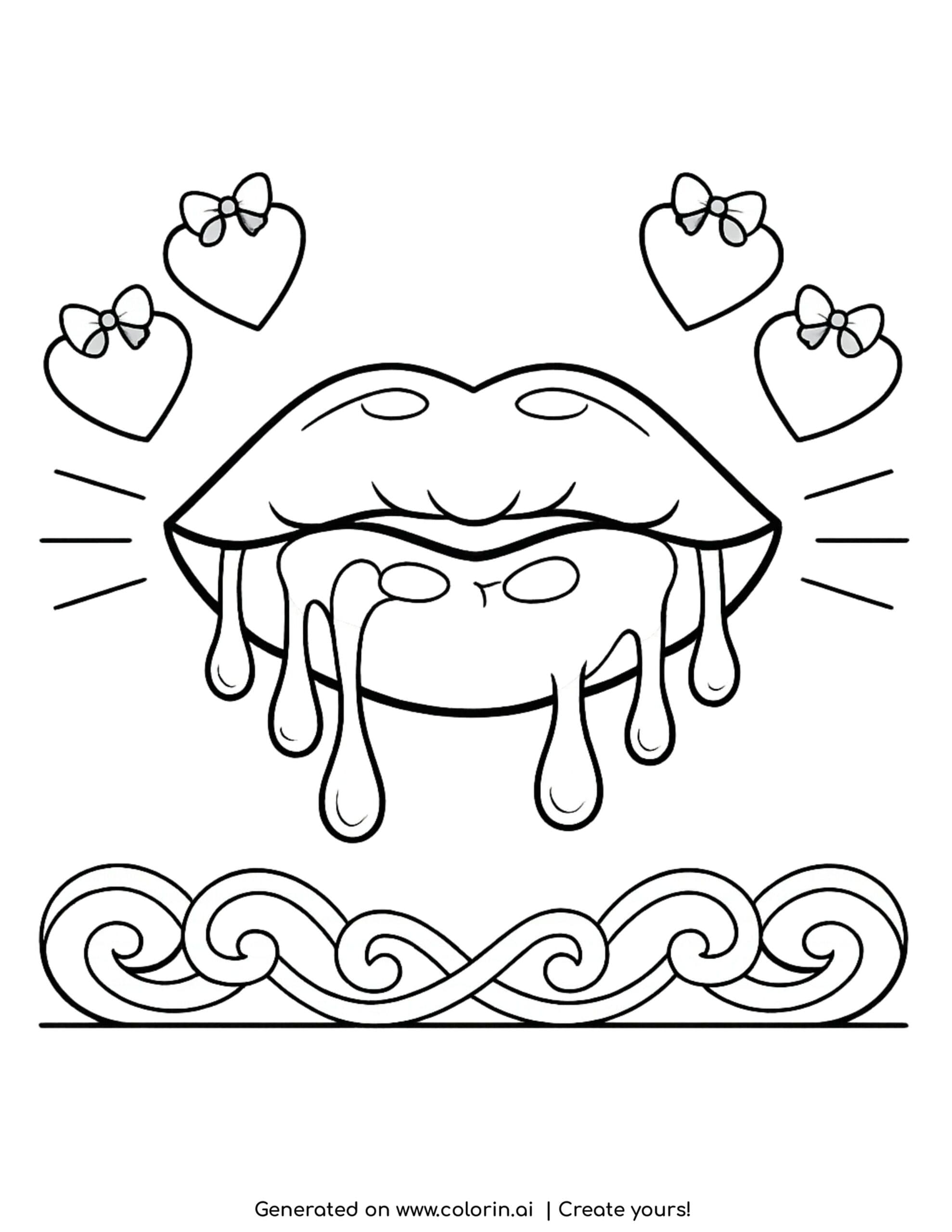 dripping lips with hearts coloring page with gloss and waves