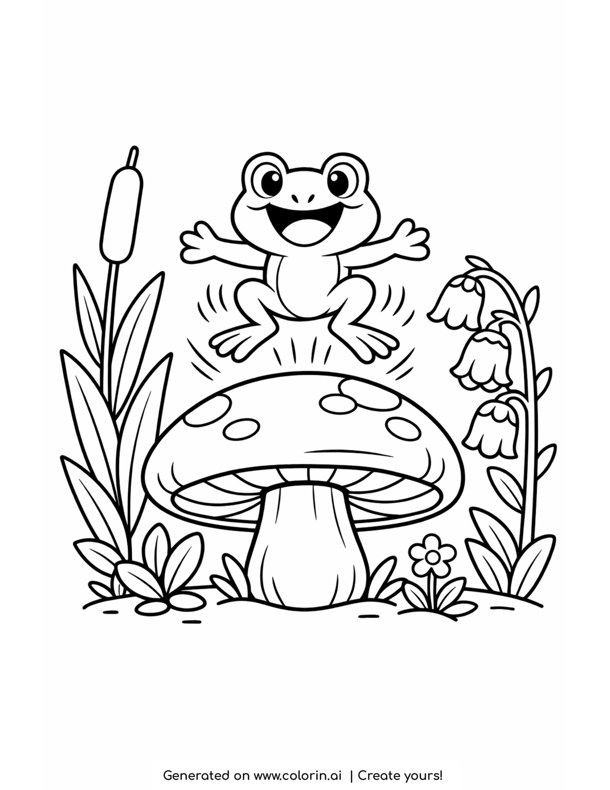 frog bouncing on mushroom coloring page cute frog jumping over big mushroom with plants