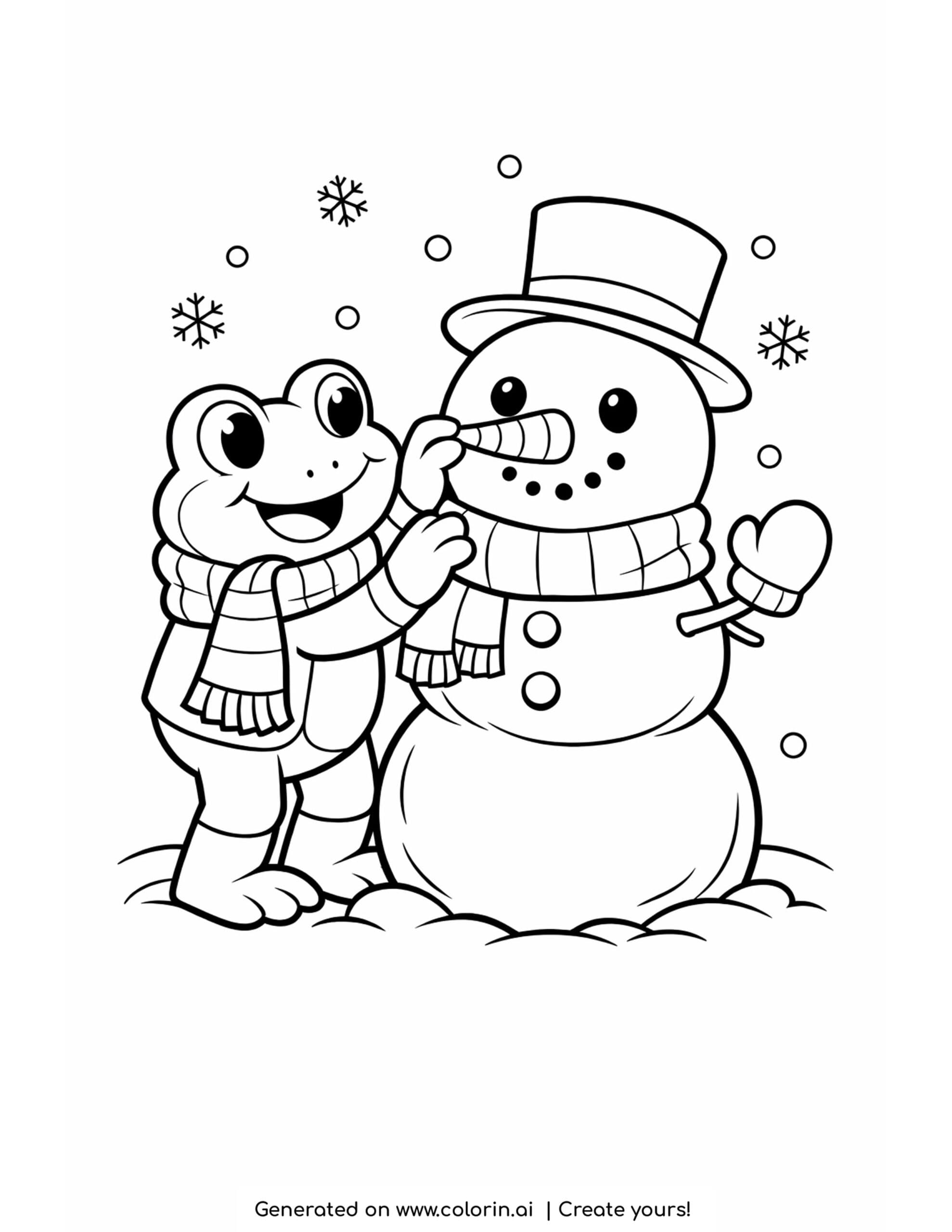 frog building a snowman coloring page with scarf and snowflakes