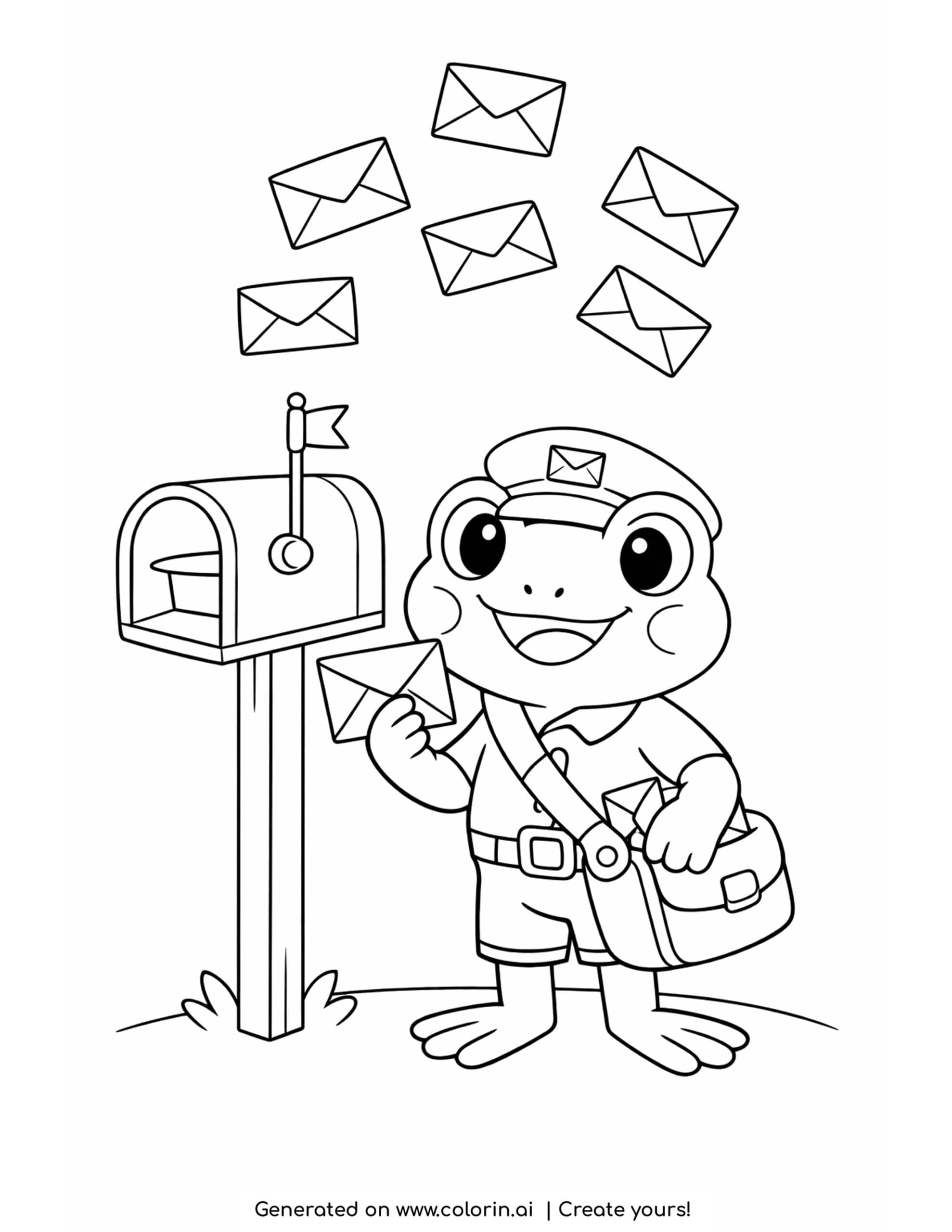 frog delivering mail coloring page with mailbox and flying envelopes illustration coloring page